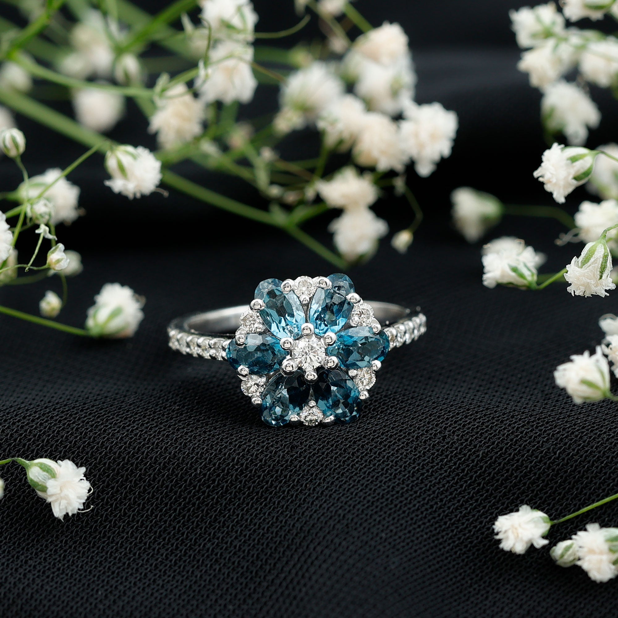 Natural London Blue Topaz Flower Engagement Ring with Diamond