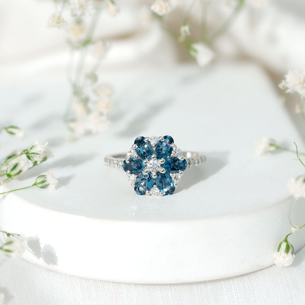 Natural London Blue Topaz Flower Engagement Ring with Diamond