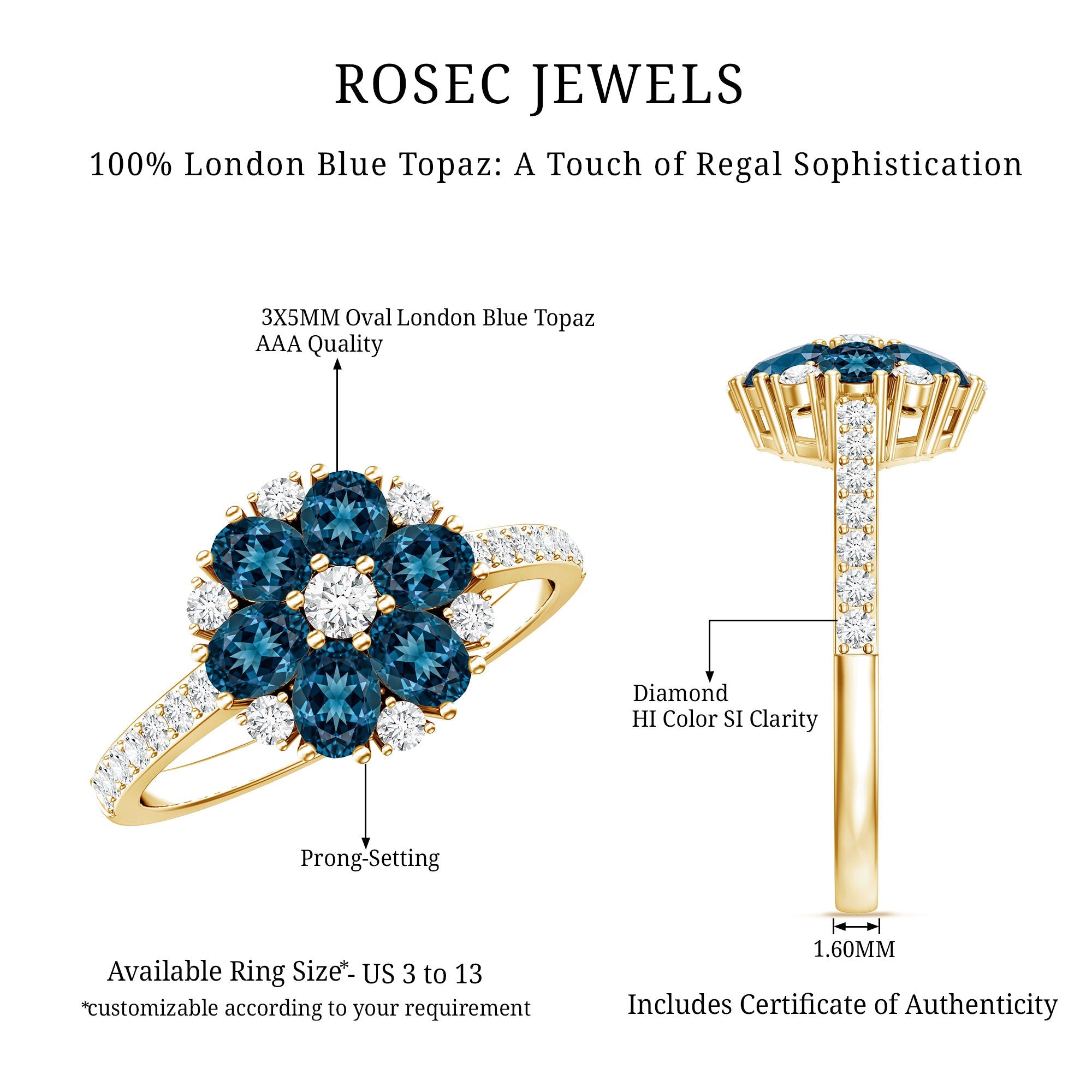 Natural London Blue Topaz Flower Engagement Ring with Diamond