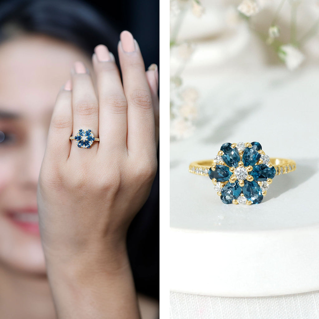 Natural London Blue Topaz Flower Engagement Ring with Diamond