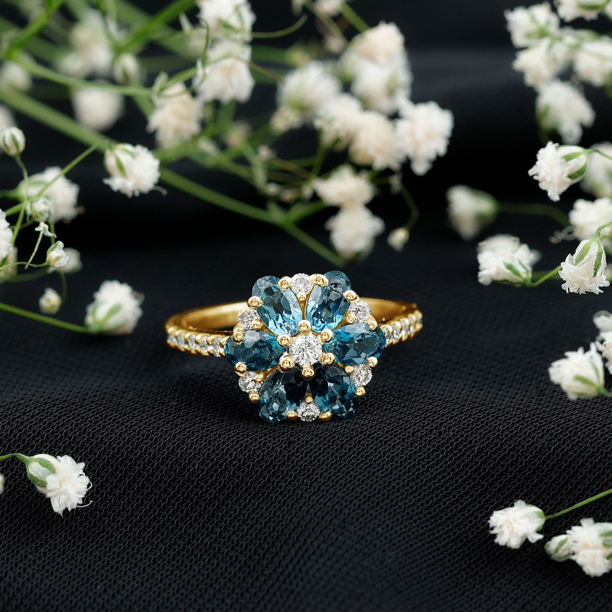 Natural London Blue Topaz Flower Engagement Ring with Diamond