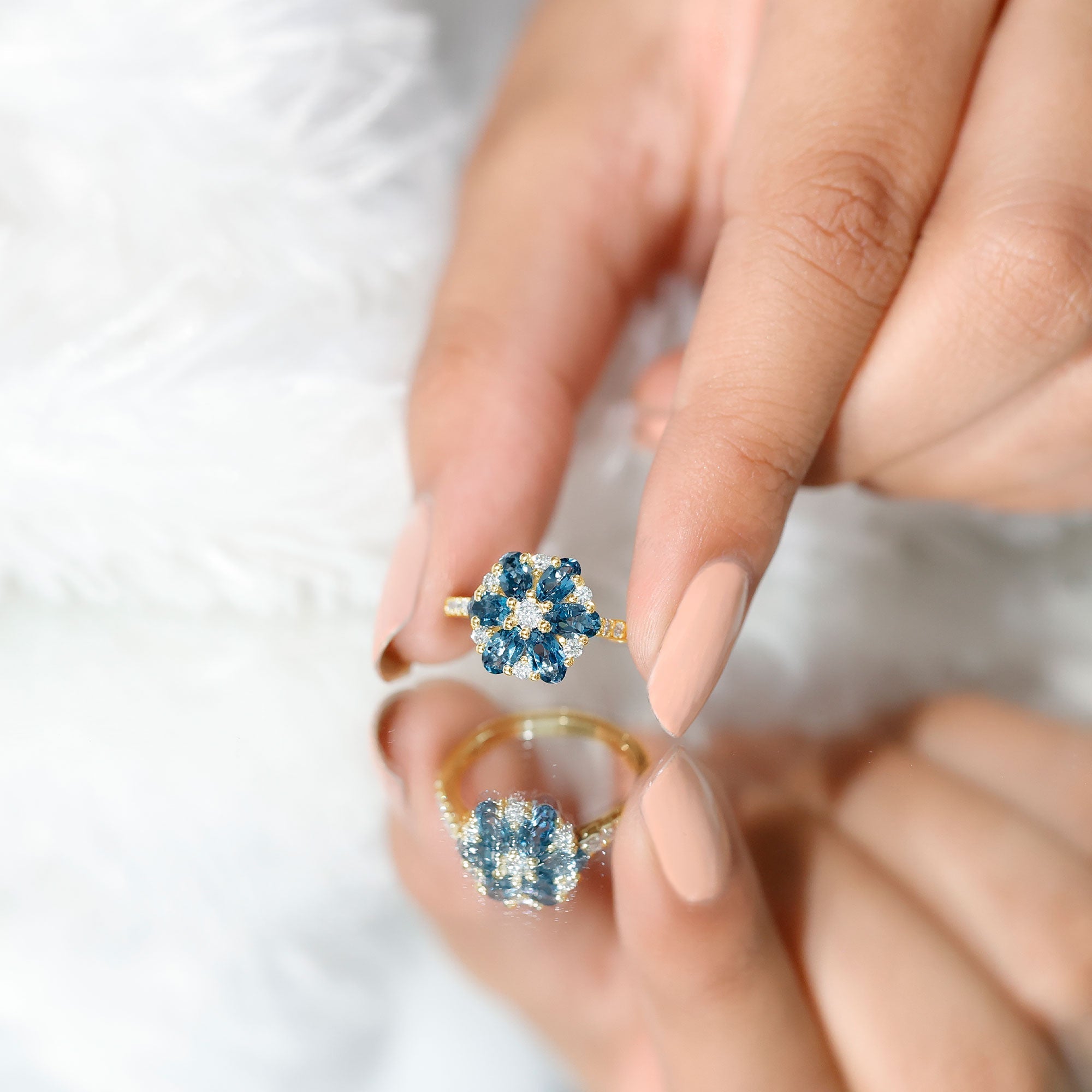 Natural London Blue Topaz Flower Engagement Ring with Diamond