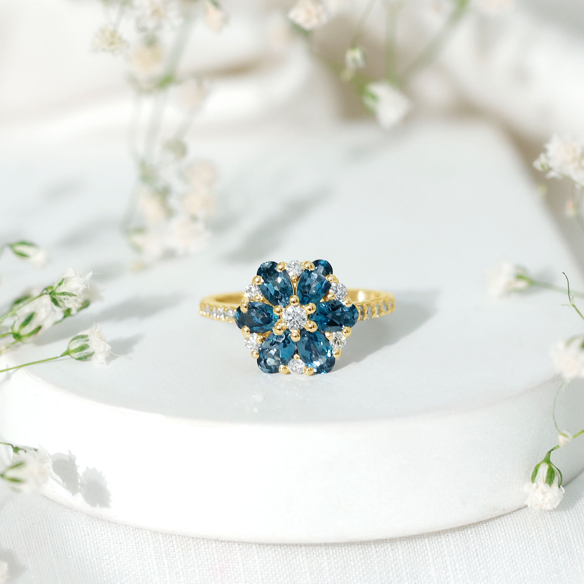 Natural London Blue Topaz Flower Engagement Ring with Diamond