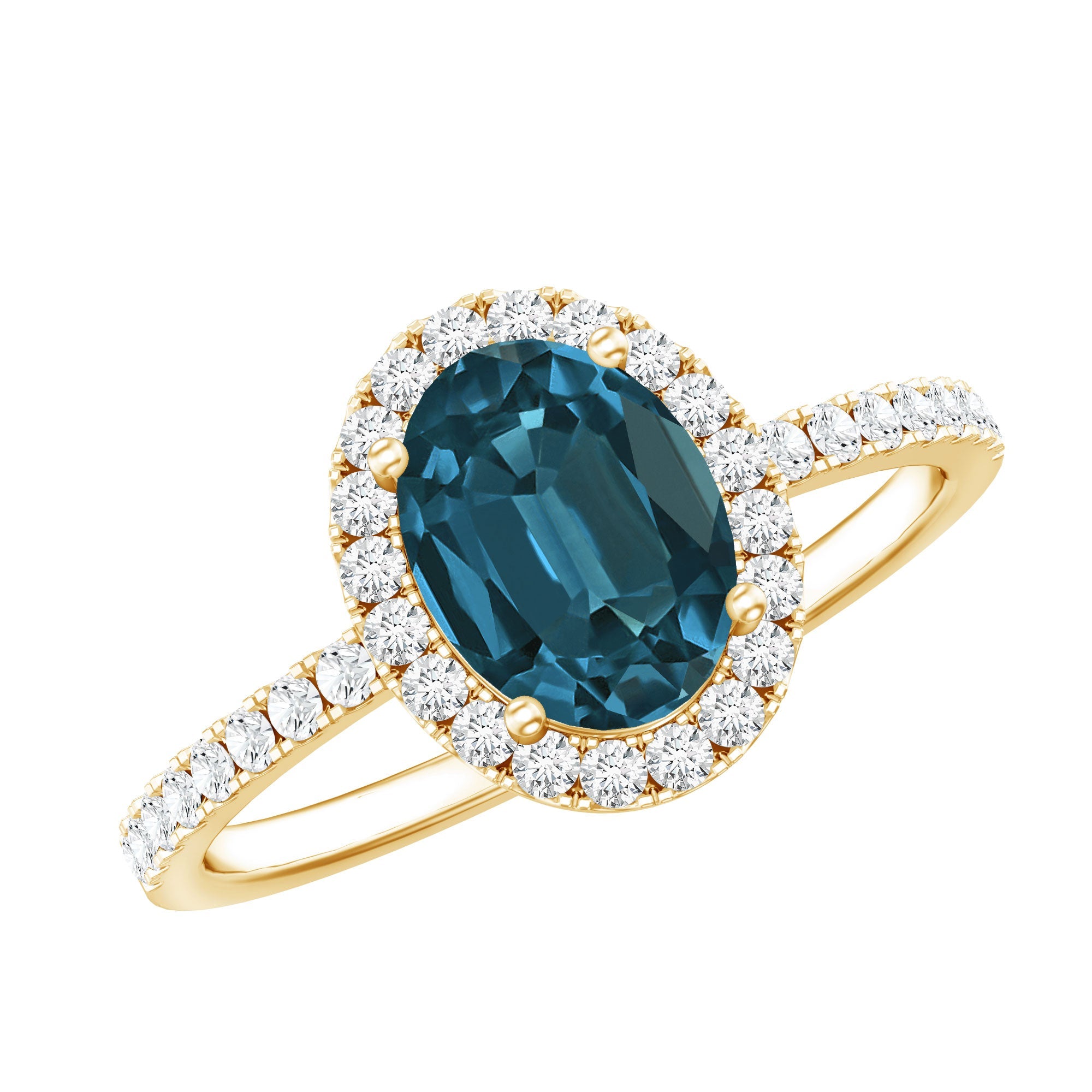 1 Carat Oval Cut London Blue Topaz Classic Engagement Ring with Diamond Halo