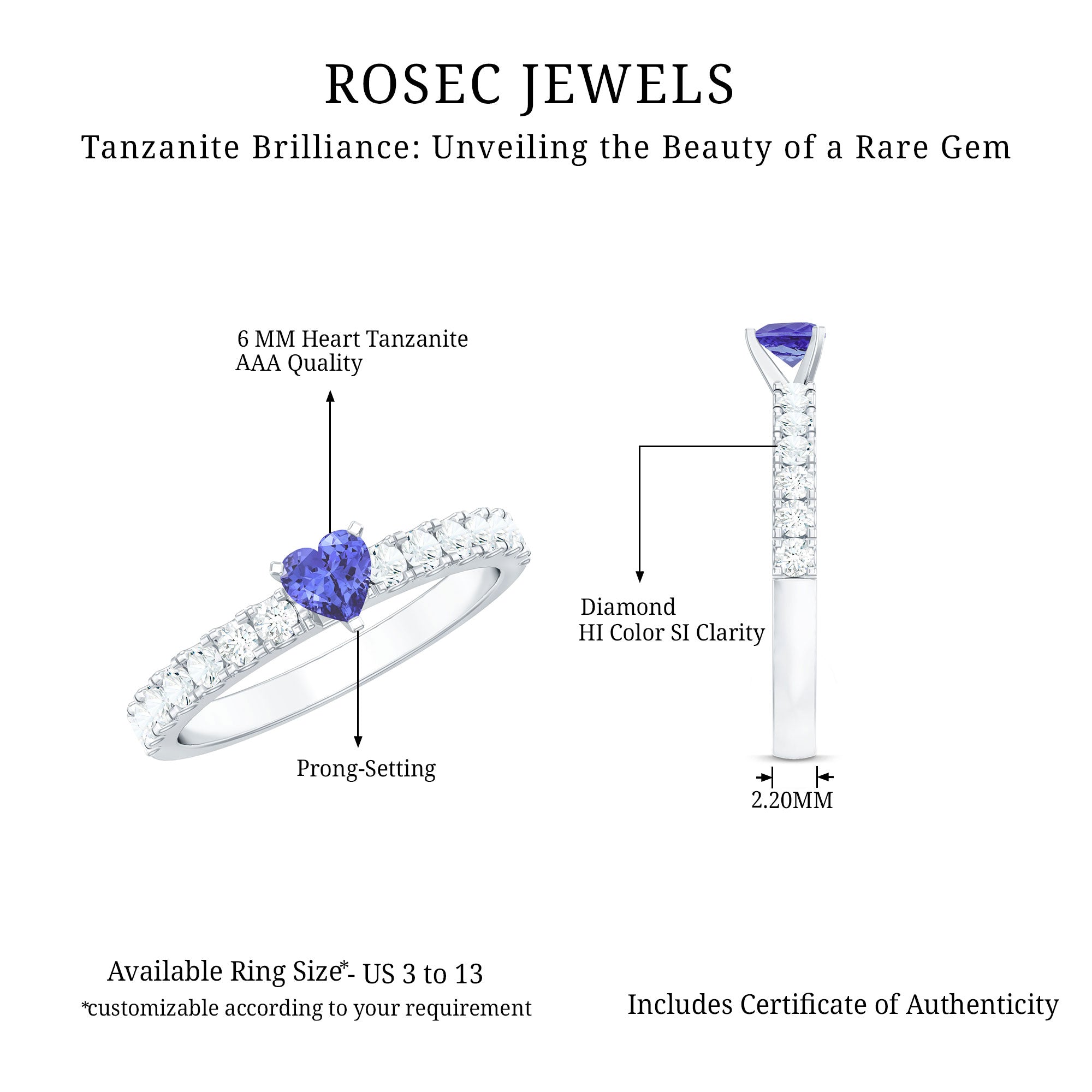 Tanzanite Heart Ring – Natural AAA Quality Heart Shaped Ring with Diamond Accents