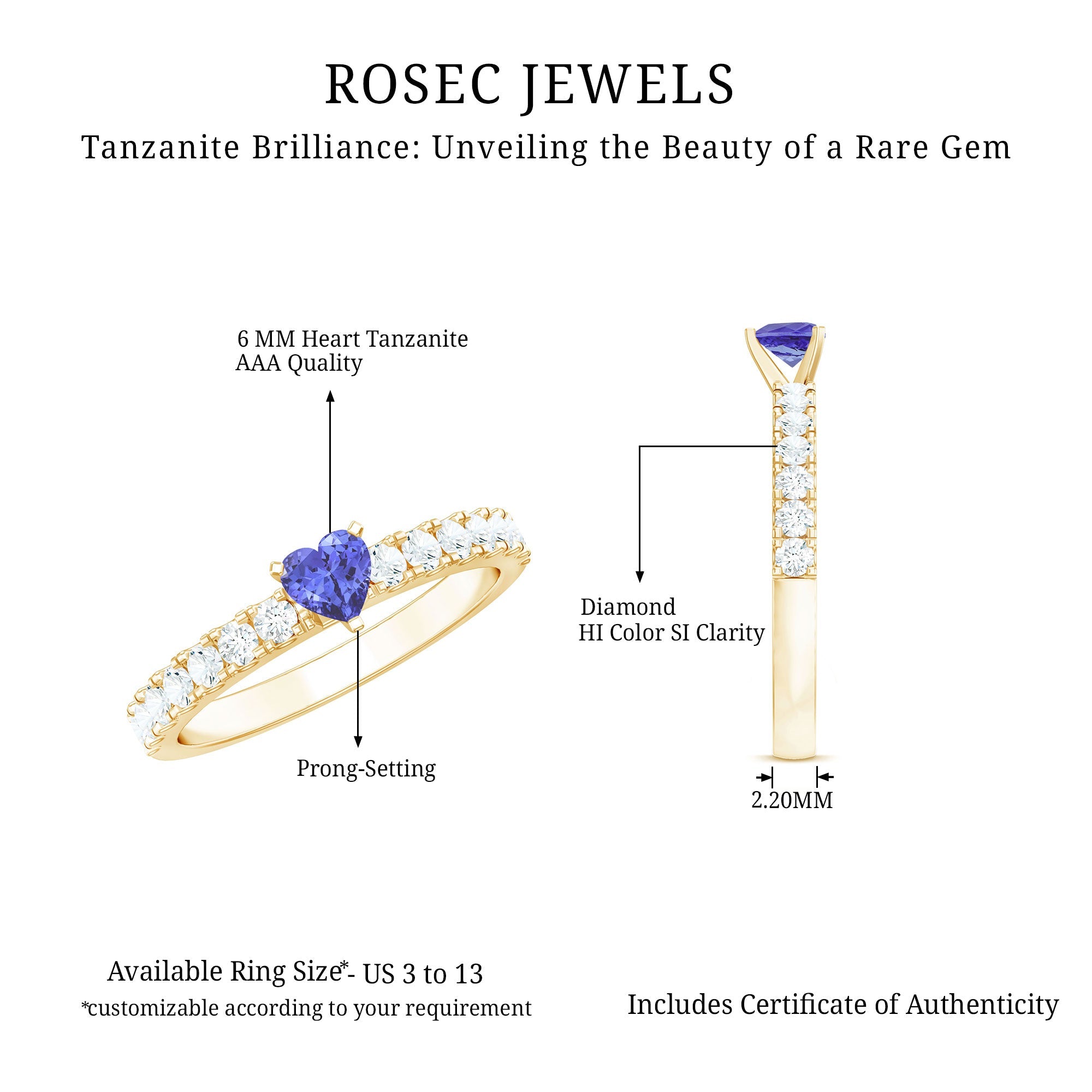 Tanzanite Heart Ring – Natural AAA Quality Heart Shaped Ring with Diamond Accents