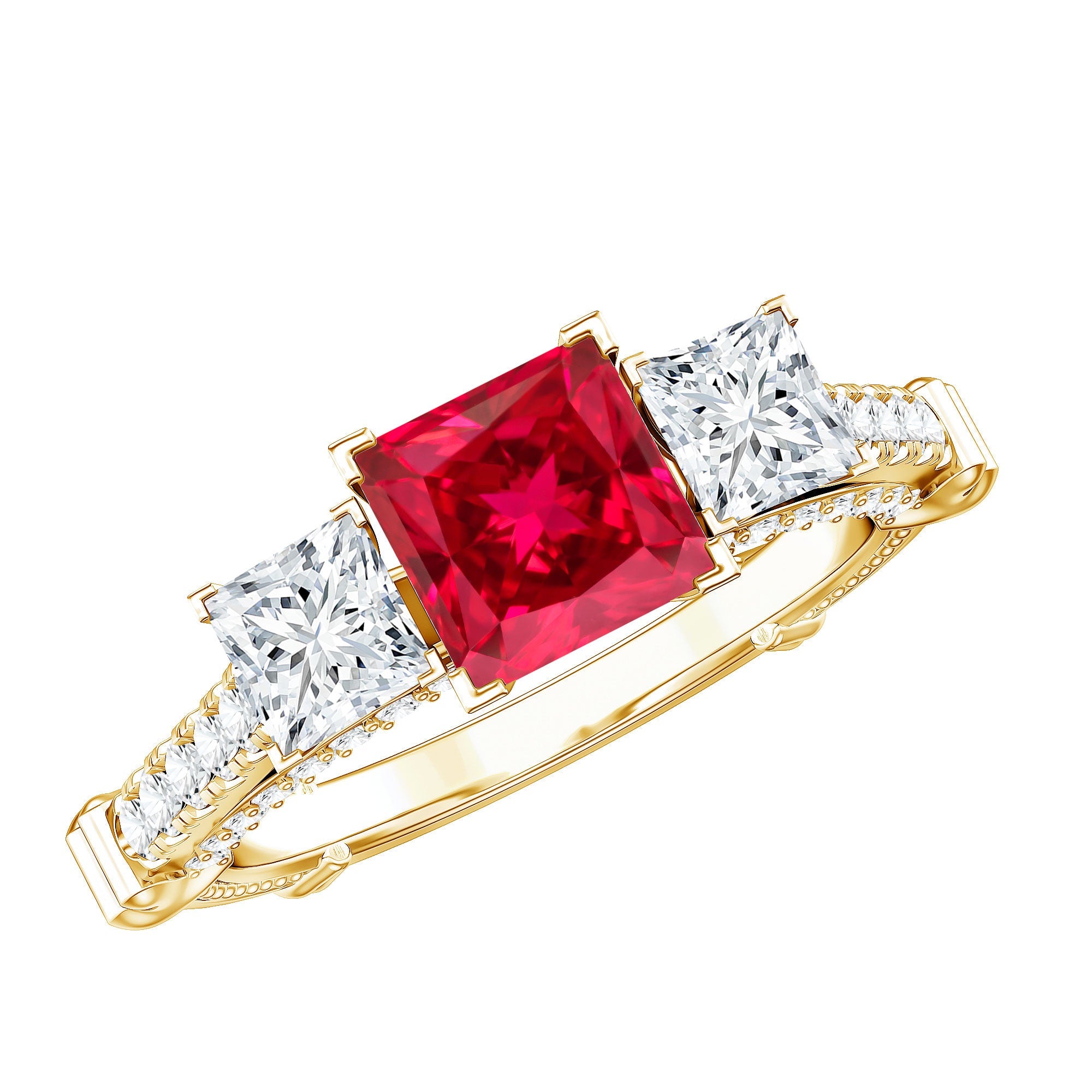 Lab Grown Ruby Ring – Vintage Engagement Ring With Princess Cut & Moissanite Side Stones