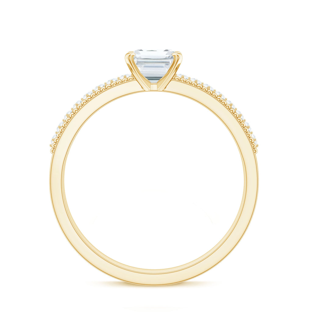 6X8 mm Emerald Cut Moissanite Solitaire Engagement Ring with Beaded Details