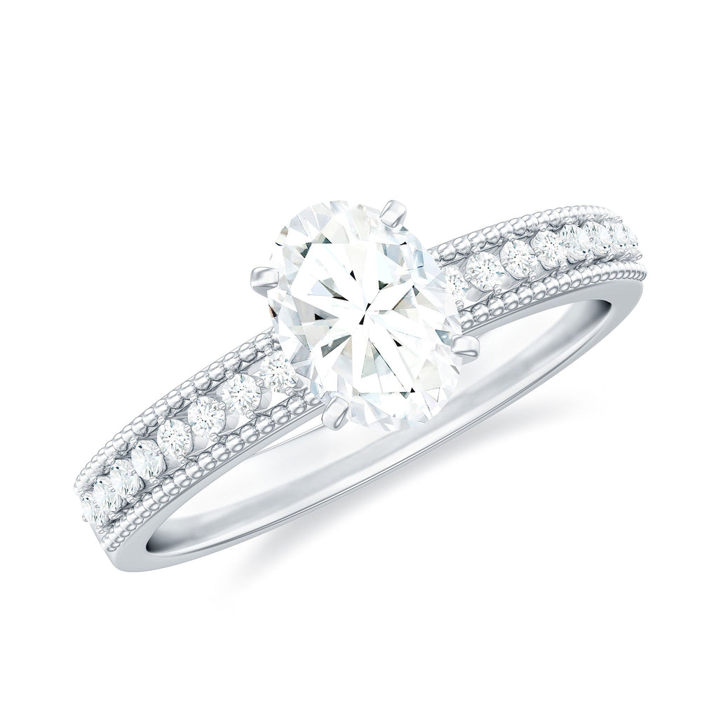 5X7 mm Oval Cut Moissanite Solitaire Beaded Engagement Ring