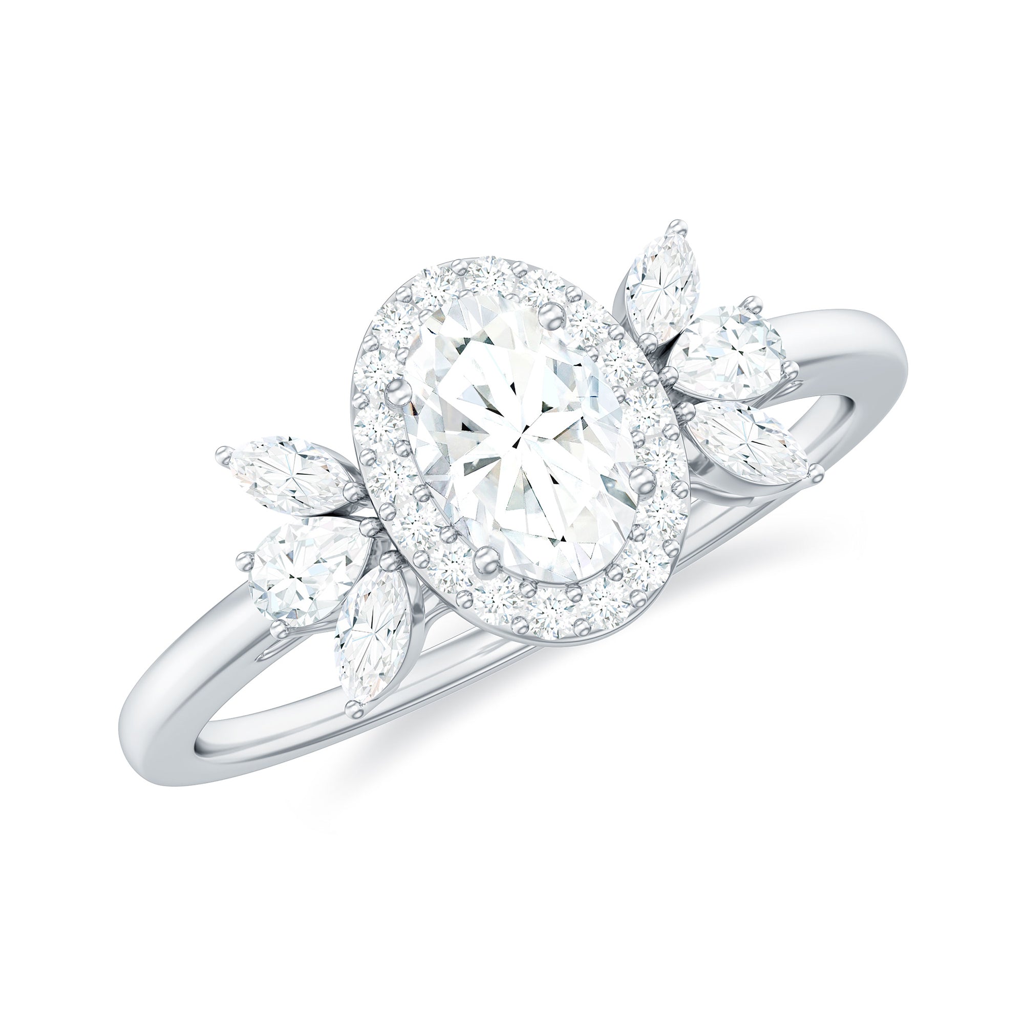 4x6mm Oval Cut Moissanite Halo Engagement Ring with Trio