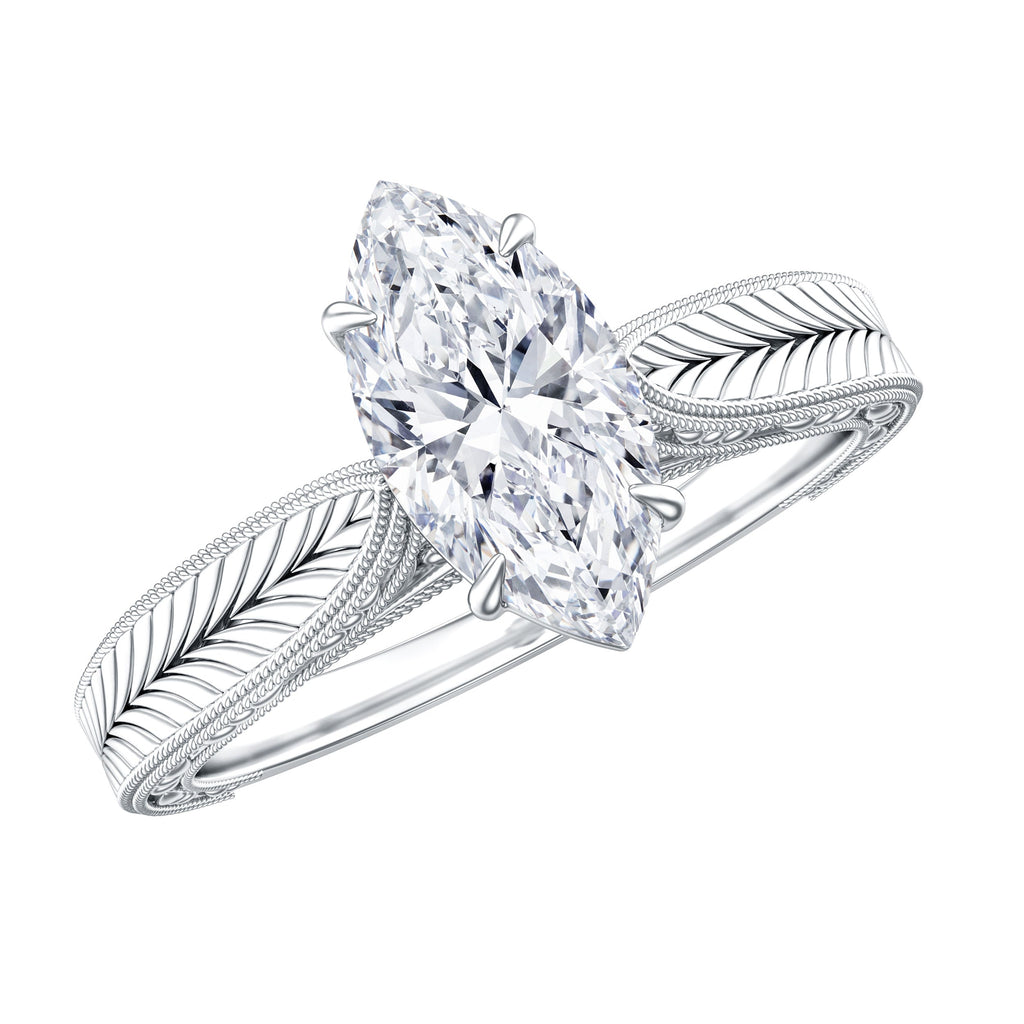 5x10mm Moissanite Marquise Engagement Ring with Leaf Engraved Shank