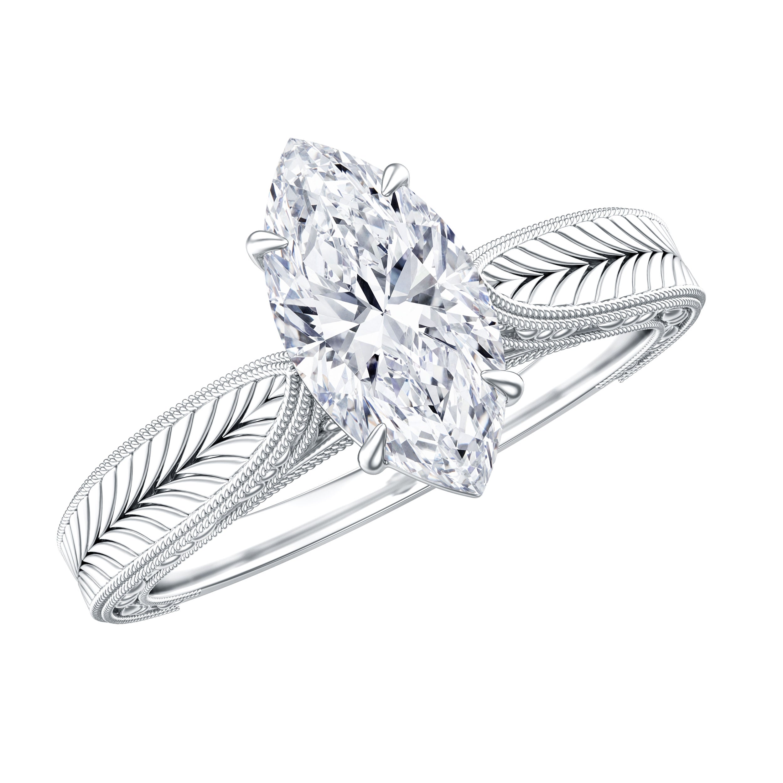 5x10mm Moissanite Marquise Engagement Ring with Leaf Engraved Shank