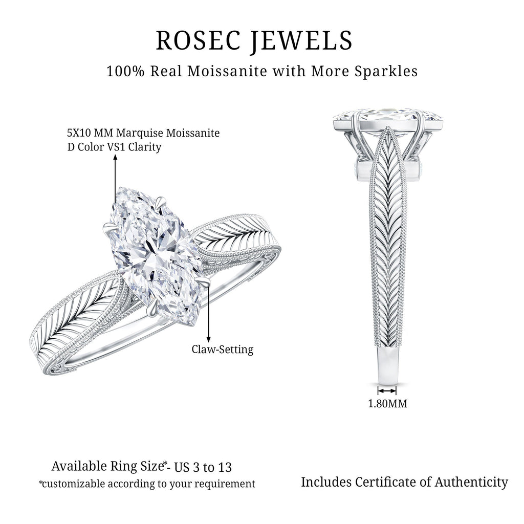 5x10mm Moissanite Marquise Engagement Ring with Leaf Engraved Shank