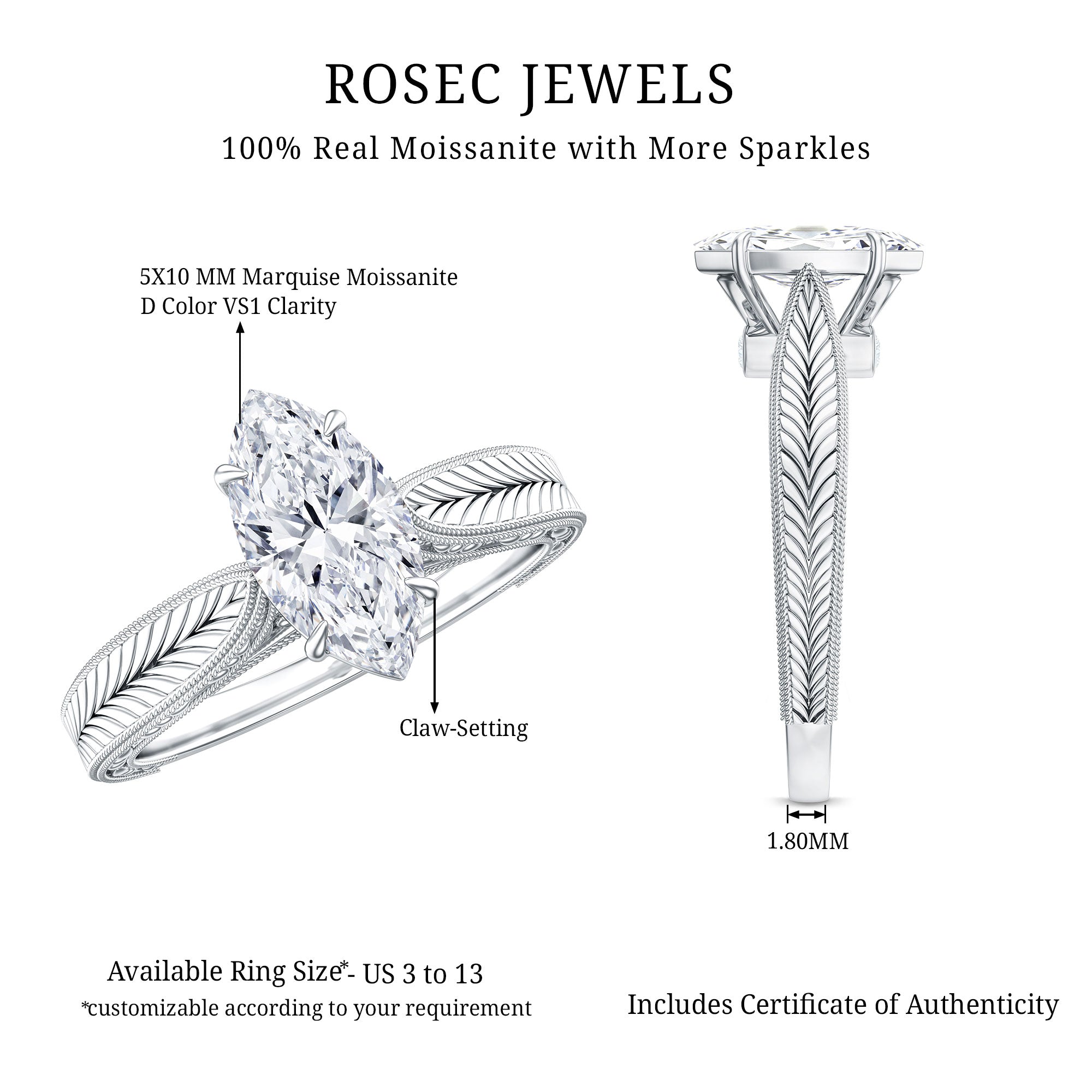 5x10mm Moissanite Marquise Engagement Ring with Leaf Engraved Shank