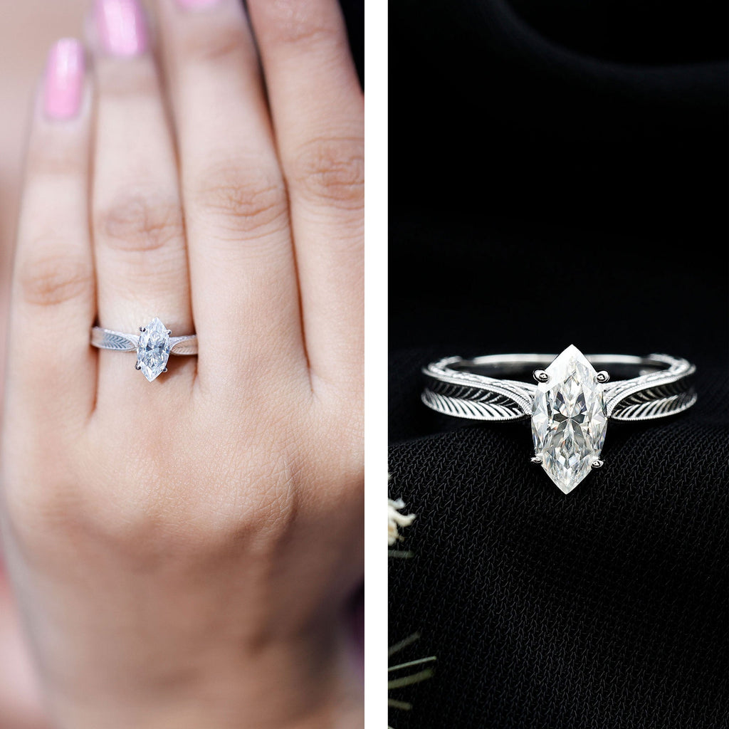 5x10mm Moissanite Marquise Engagement Ring with Leaf Engraved Shank