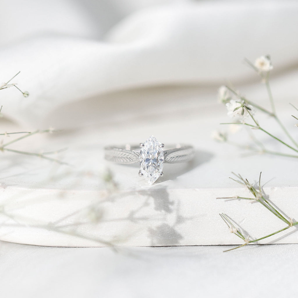 5x10mm Moissanite Marquise Engagement Ring with Leaf Engraved Shank