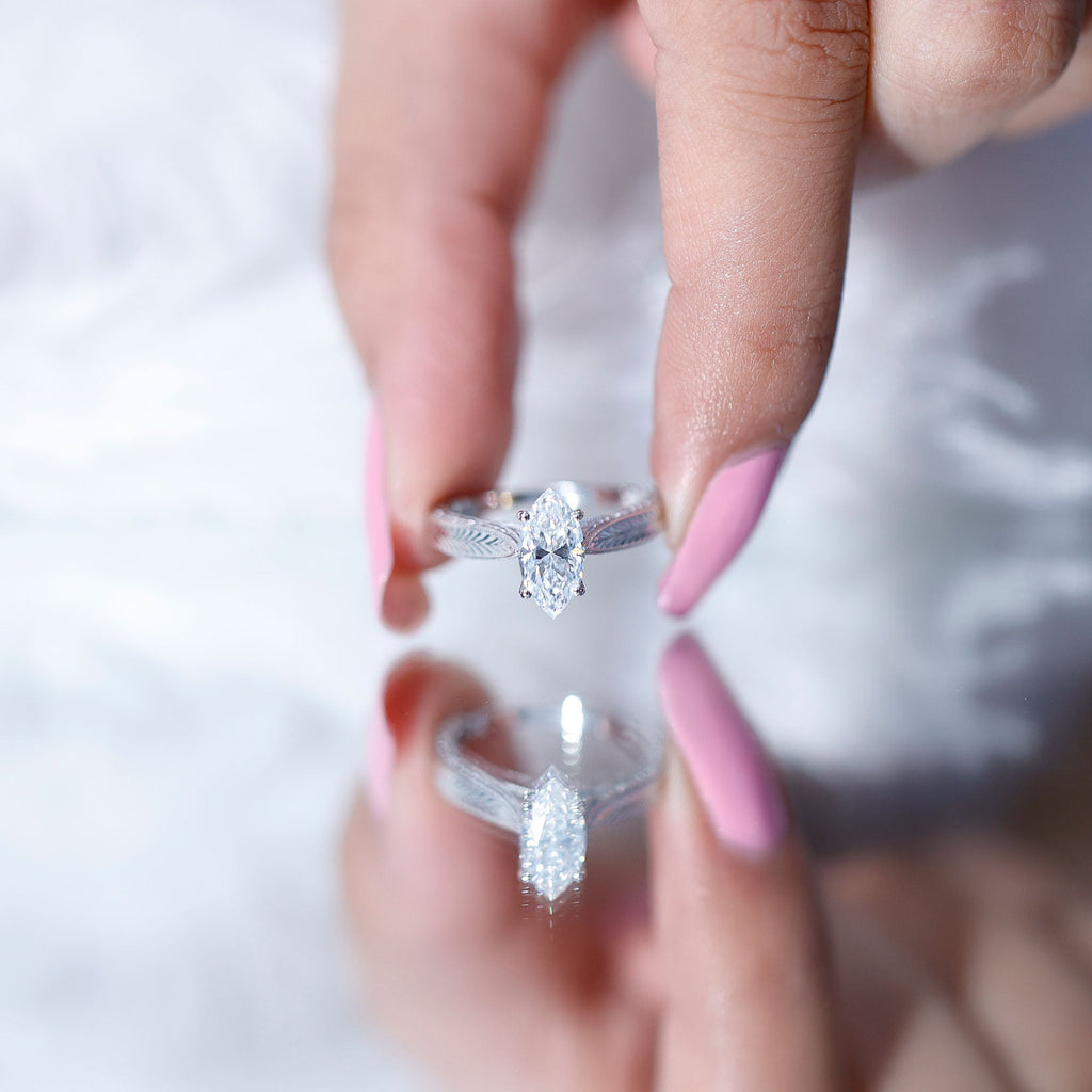 5x10mm Moissanite Marquise Engagement Ring with Leaf Engraved Shank