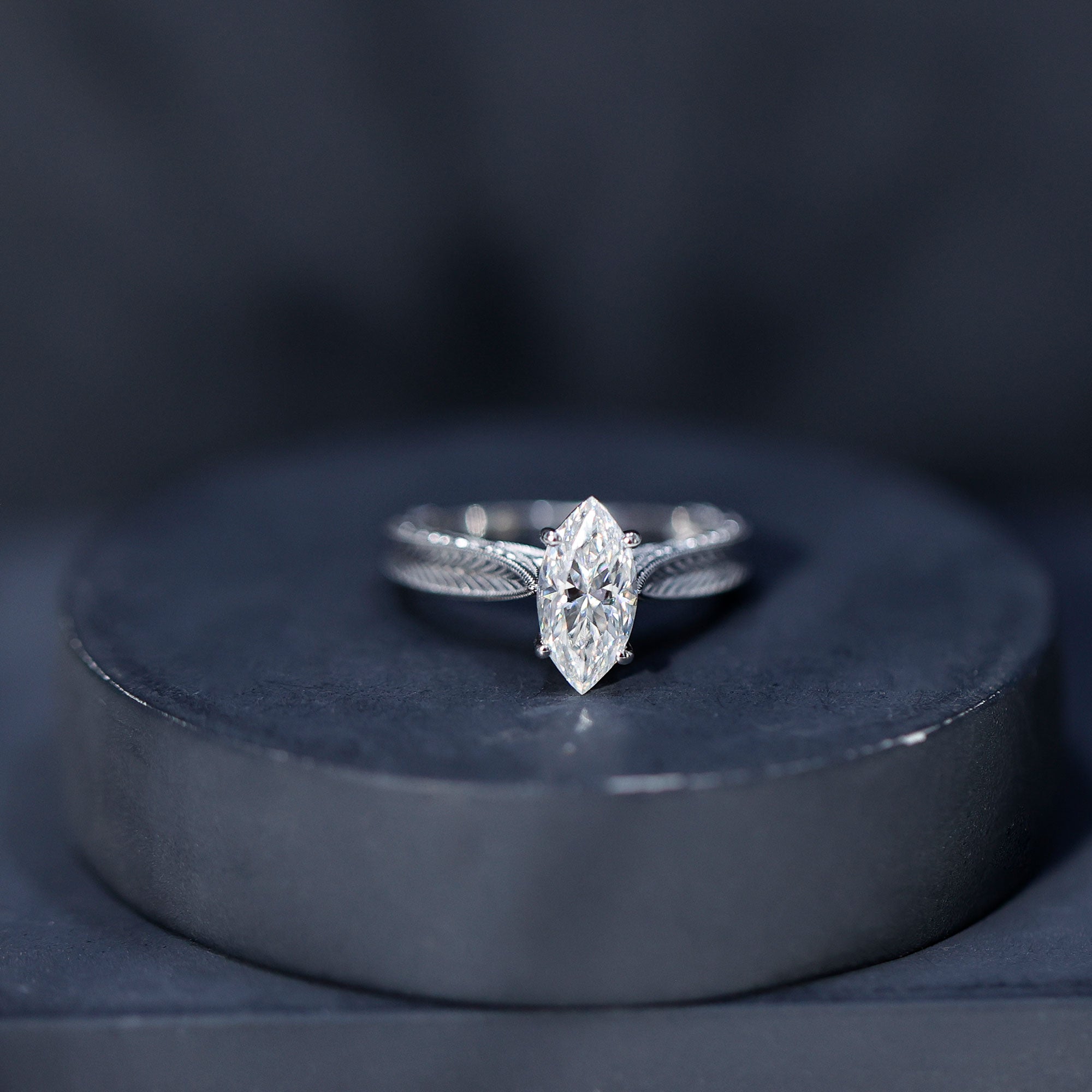 5x10mm Moissanite Marquise Engagement Ring with Leaf Engraved Shank