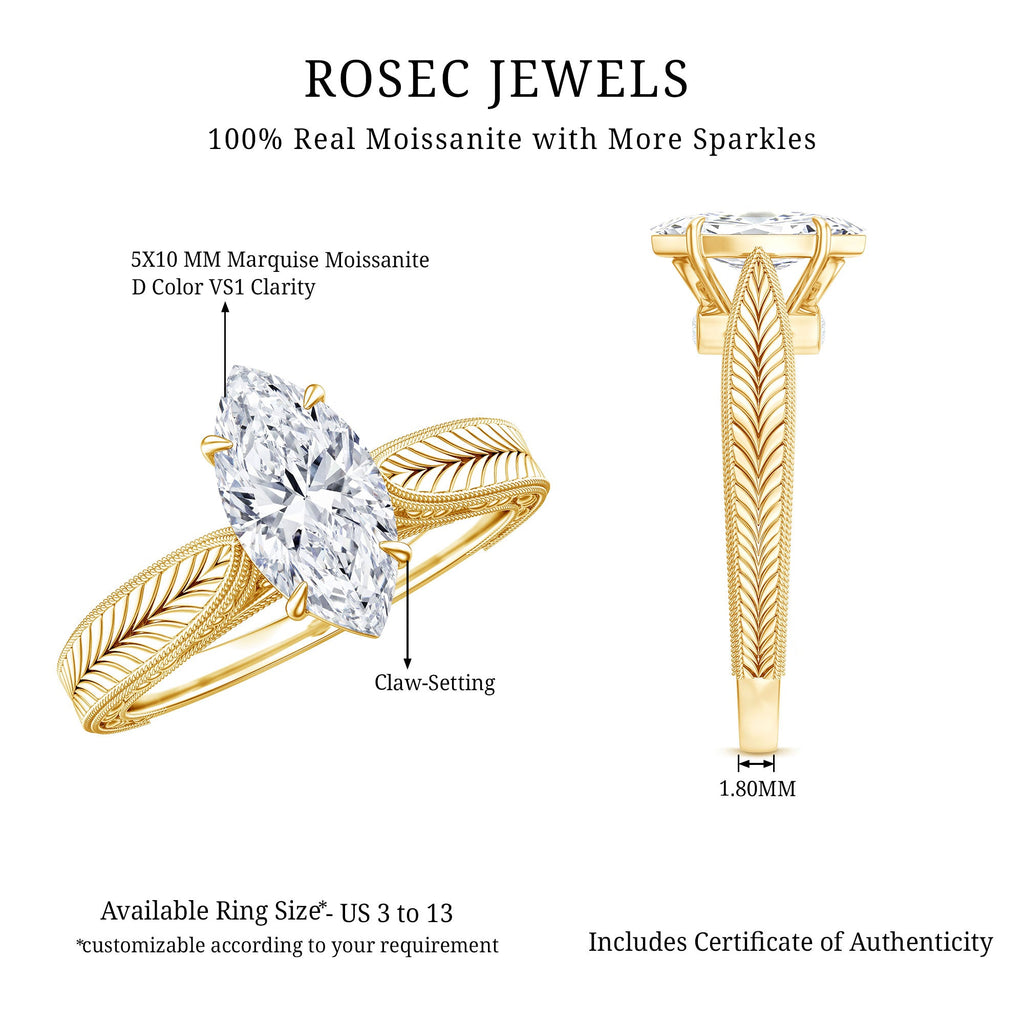 5x10mm Moissanite Marquise Engagement Ring with Leaf Engraved Shank