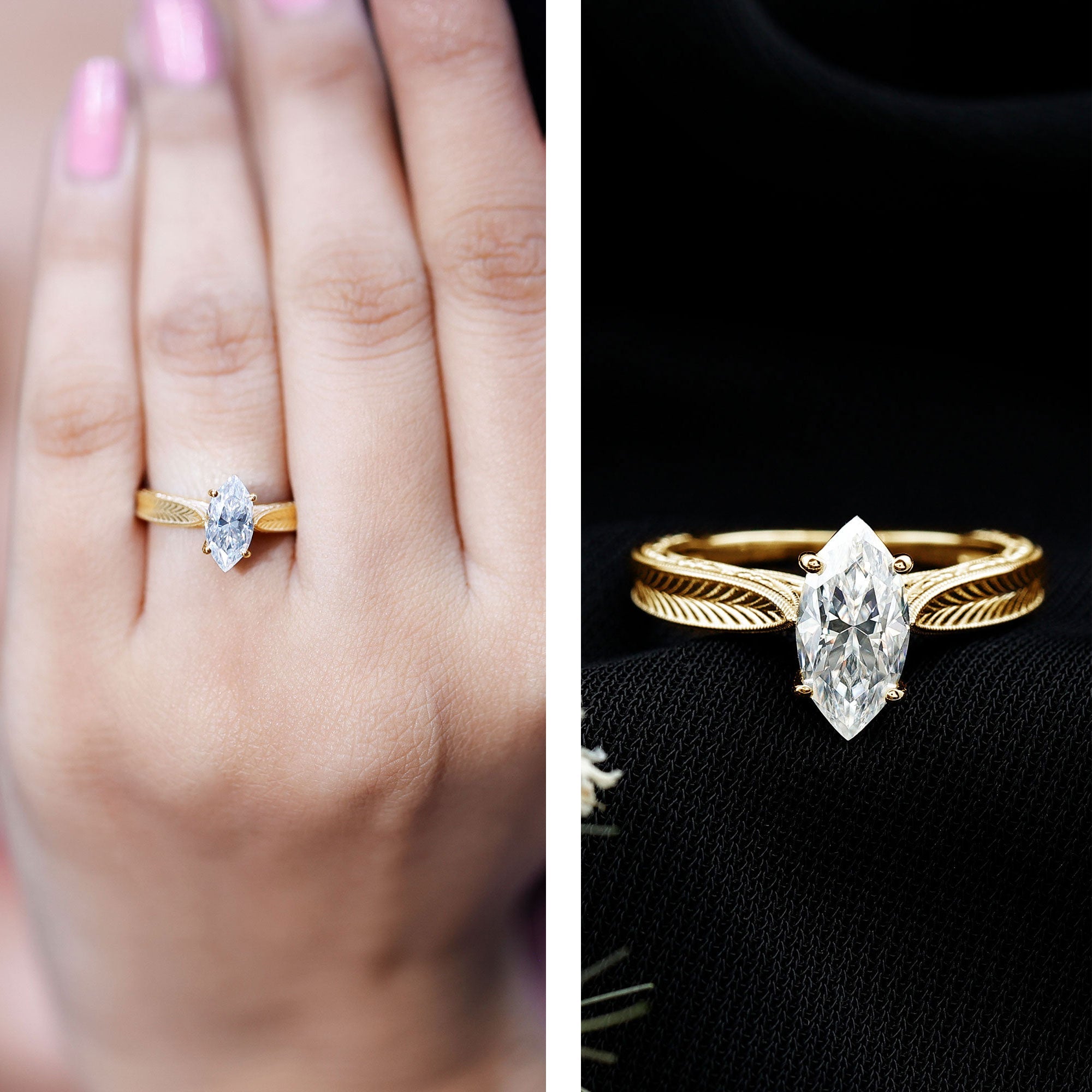 5x10mm Moissanite Marquise Engagement Ring with Leaf Engraved Shank