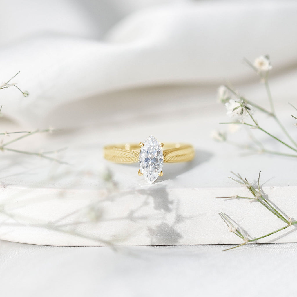 5x10mm Moissanite Marquise Engagement Ring with Leaf Engraved Shank
