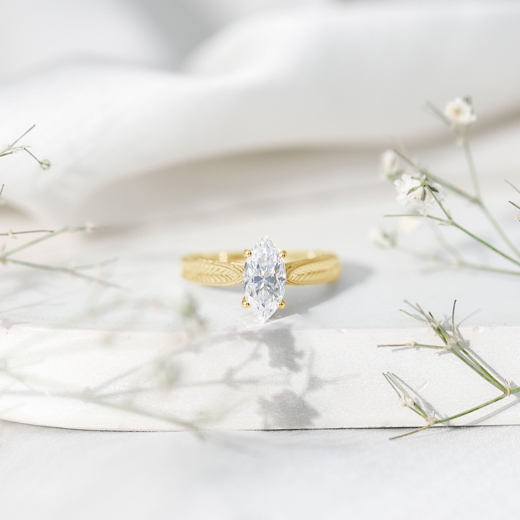 5x10mm Moissanite Marquise Engagement Ring with Leaf Engraved Shank