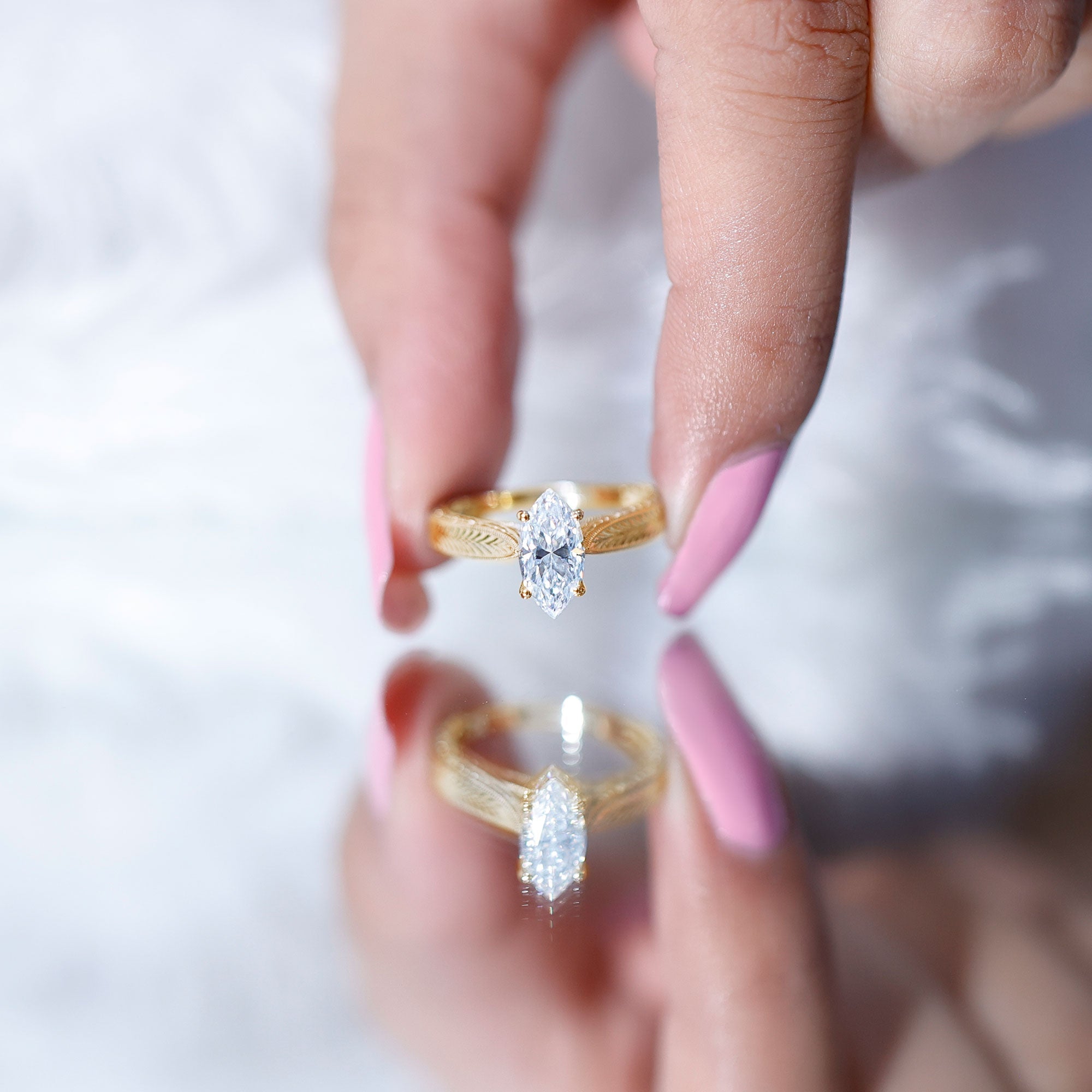 5x10mm Moissanite Marquise Engagement Ring with Leaf Engraved Shank