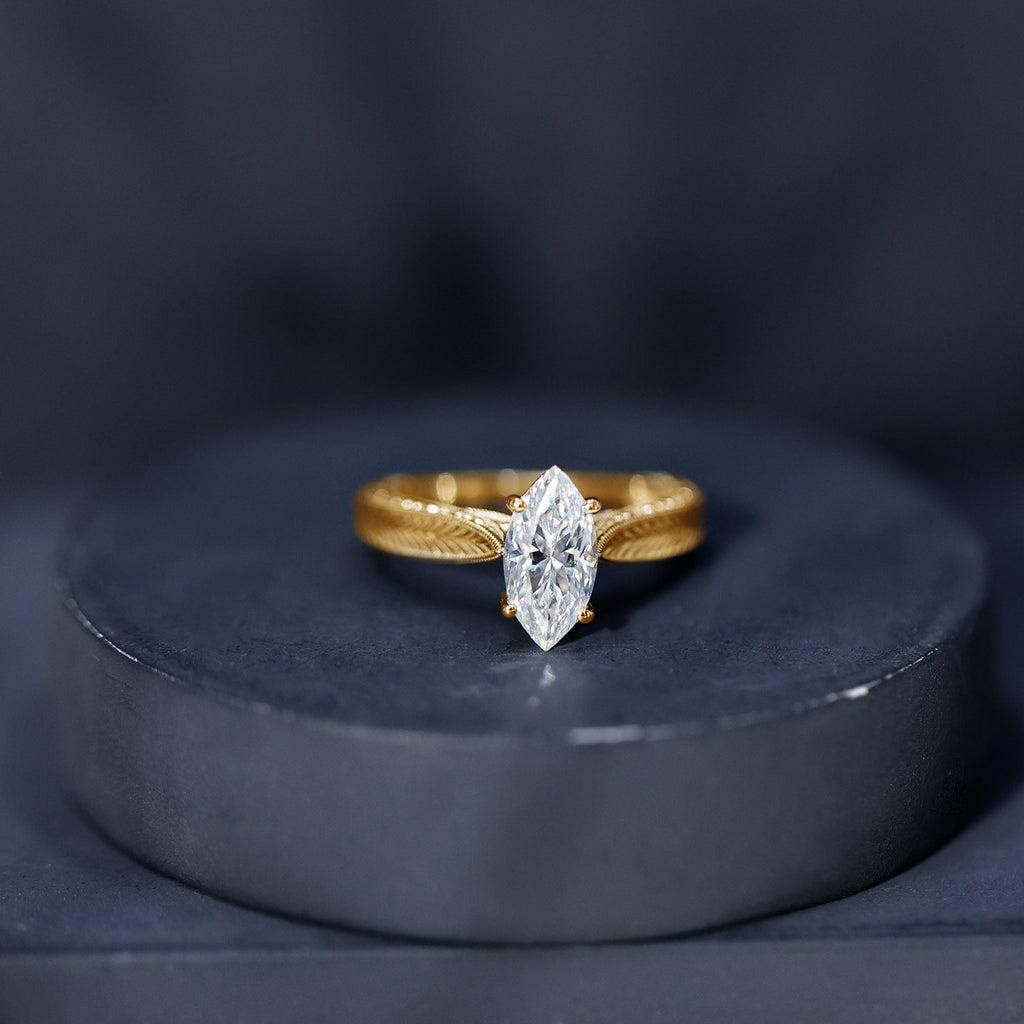 5x10mm Moissanite Marquise Engagement Ring with Leaf Engraved Shank