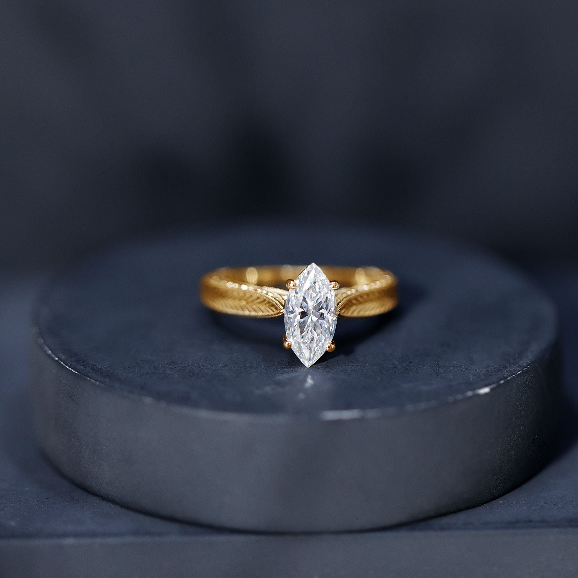5x10mm Moissanite Marquise Engagement Ring with Leaf Engraved Shank