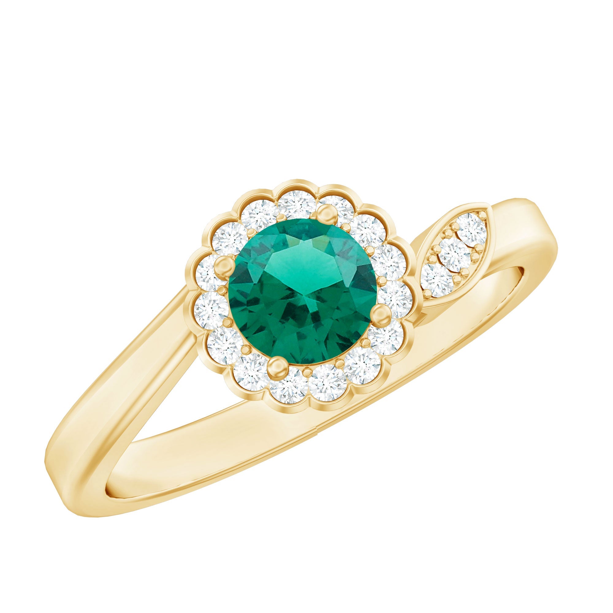 Lab Grown Emerald Ring – Nature Inspired Promise Ring with Diamond Halo Floral Design