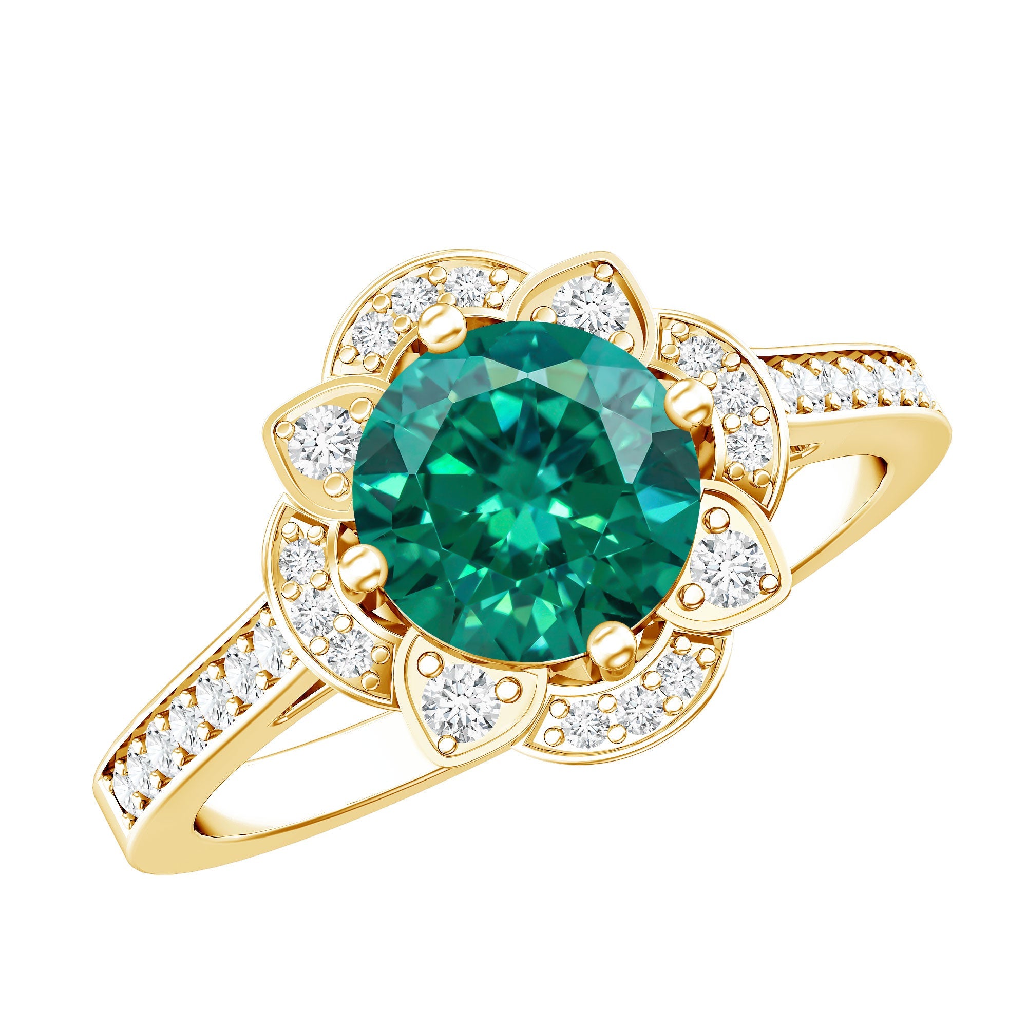 Lab Grown Emerald Ring – 2 Carat Vintage Inspired Engagement Ring with Diamond Halo