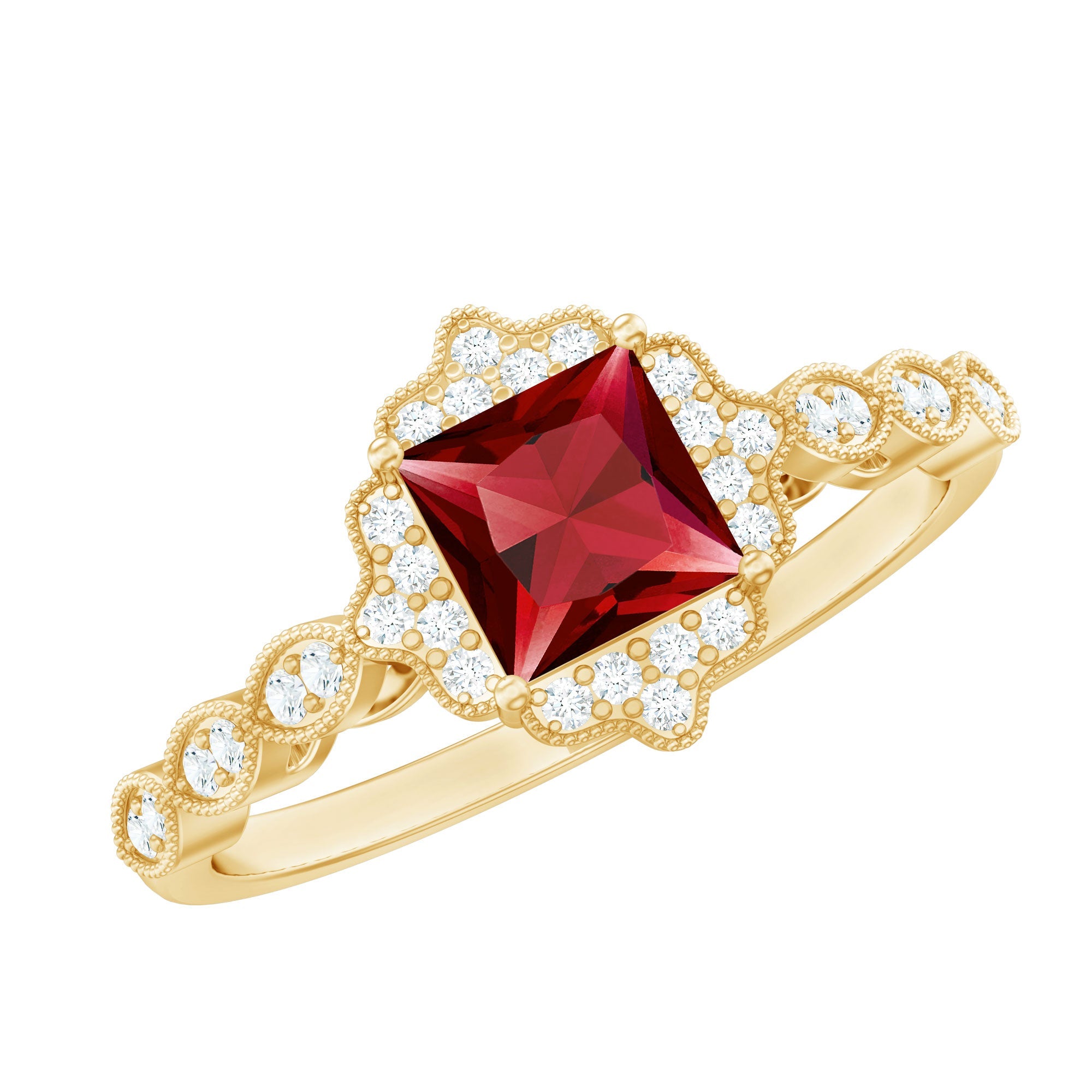 Lab Created Ruby Ring – Princess Cut Ruby & Diamond Halo Vintage Floral Design