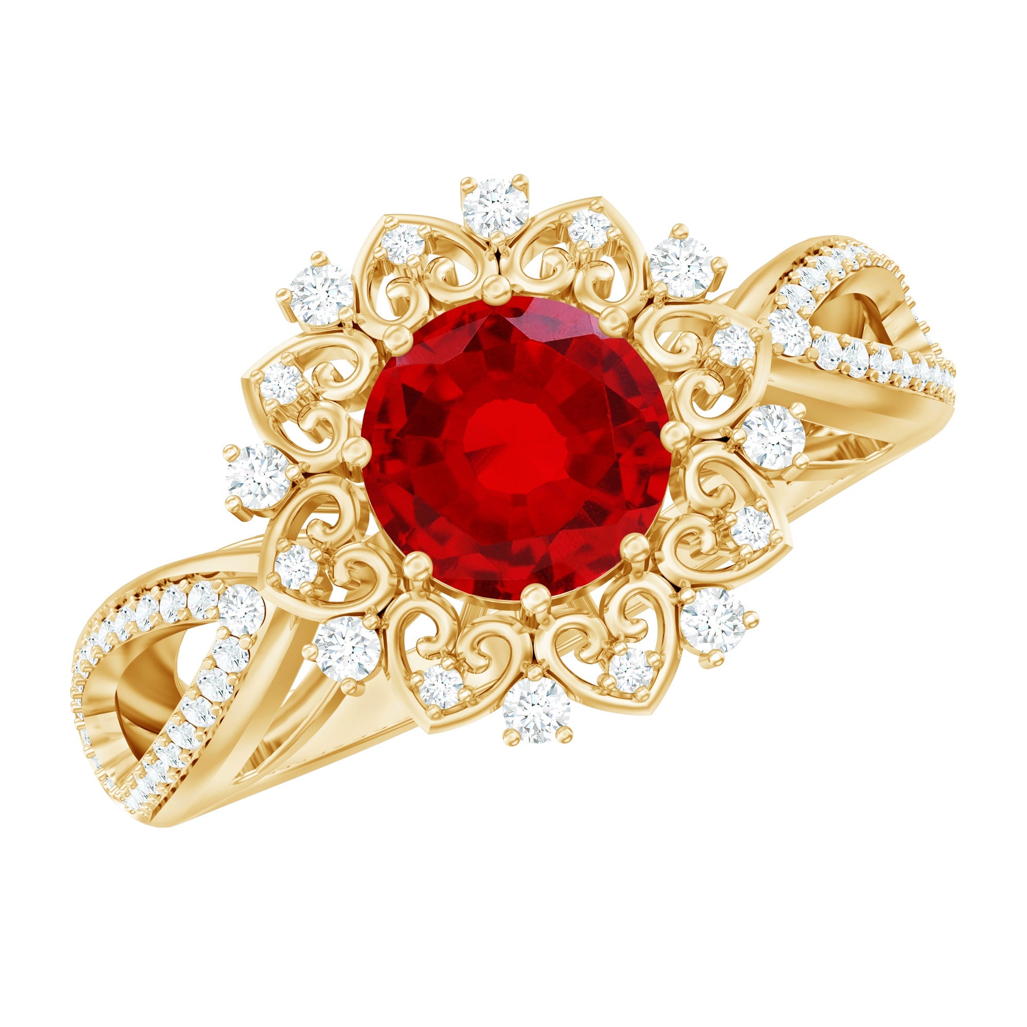 Lab Grown Ruby Ring – Vintage Engagement Ring With Diamond Halo Setting