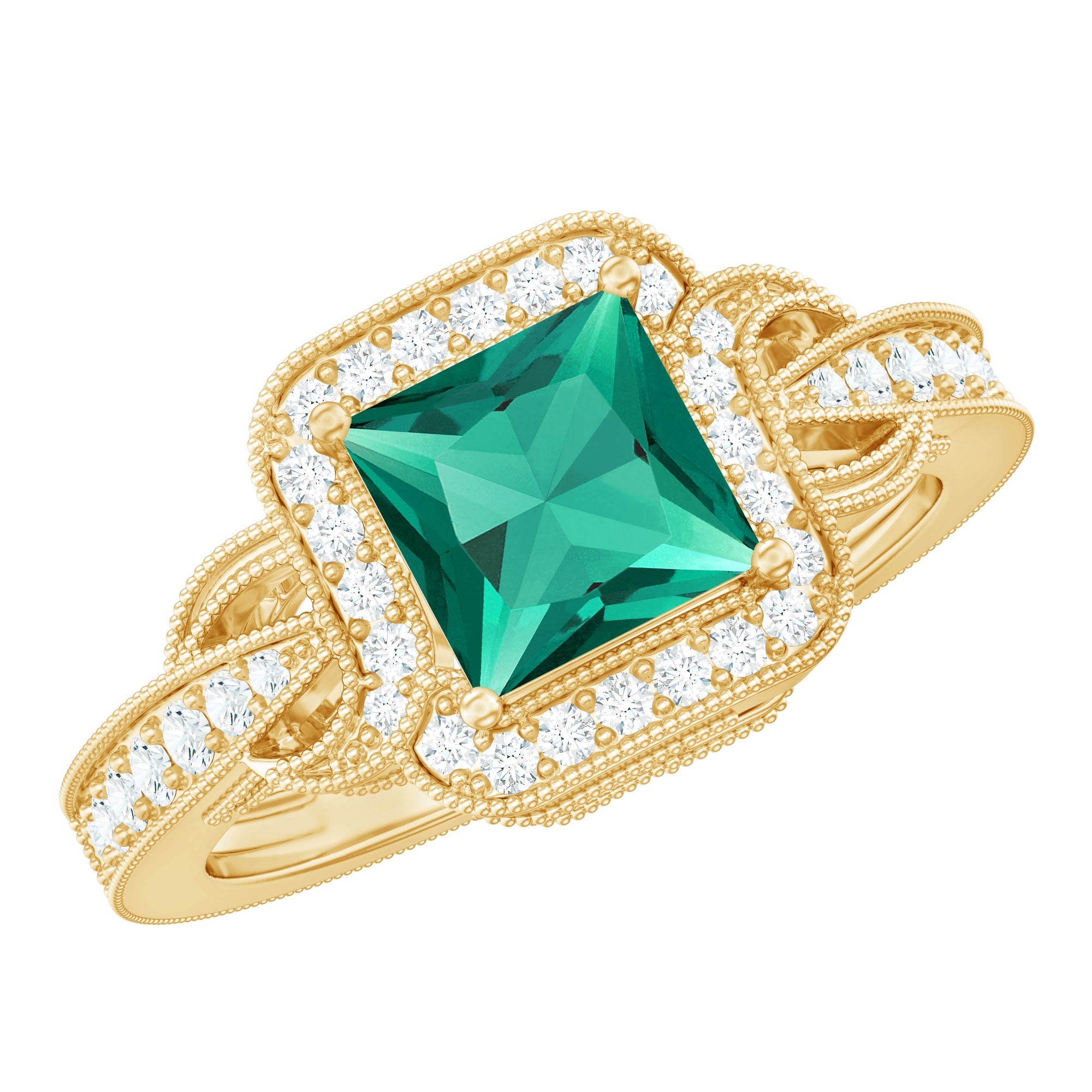 Lab Grown Emerald Ring – Vintage Engagement With Princess Cut & Diamond Accents