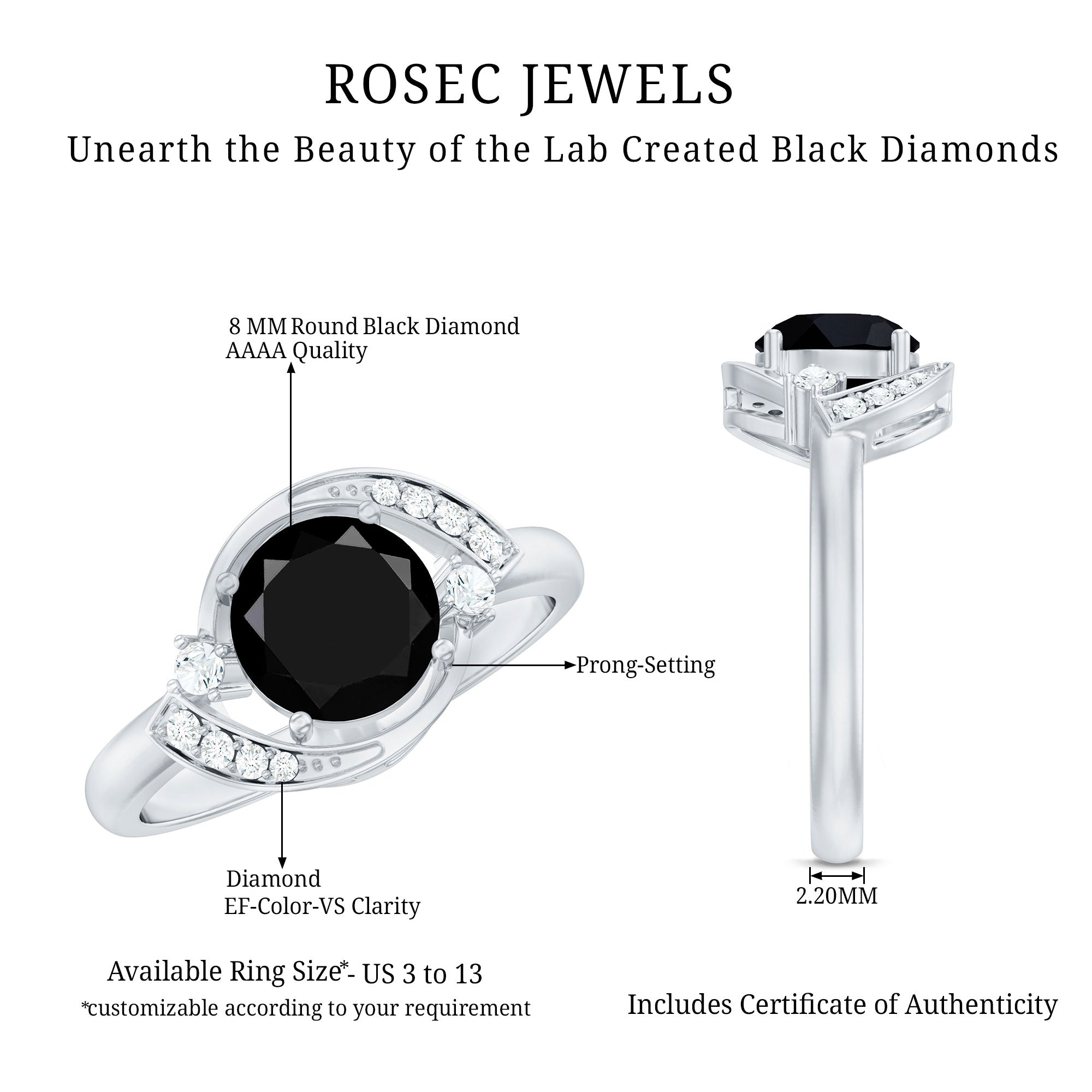 2 Carat Lab Grown Black and White Diamond Engagement Ring for Women