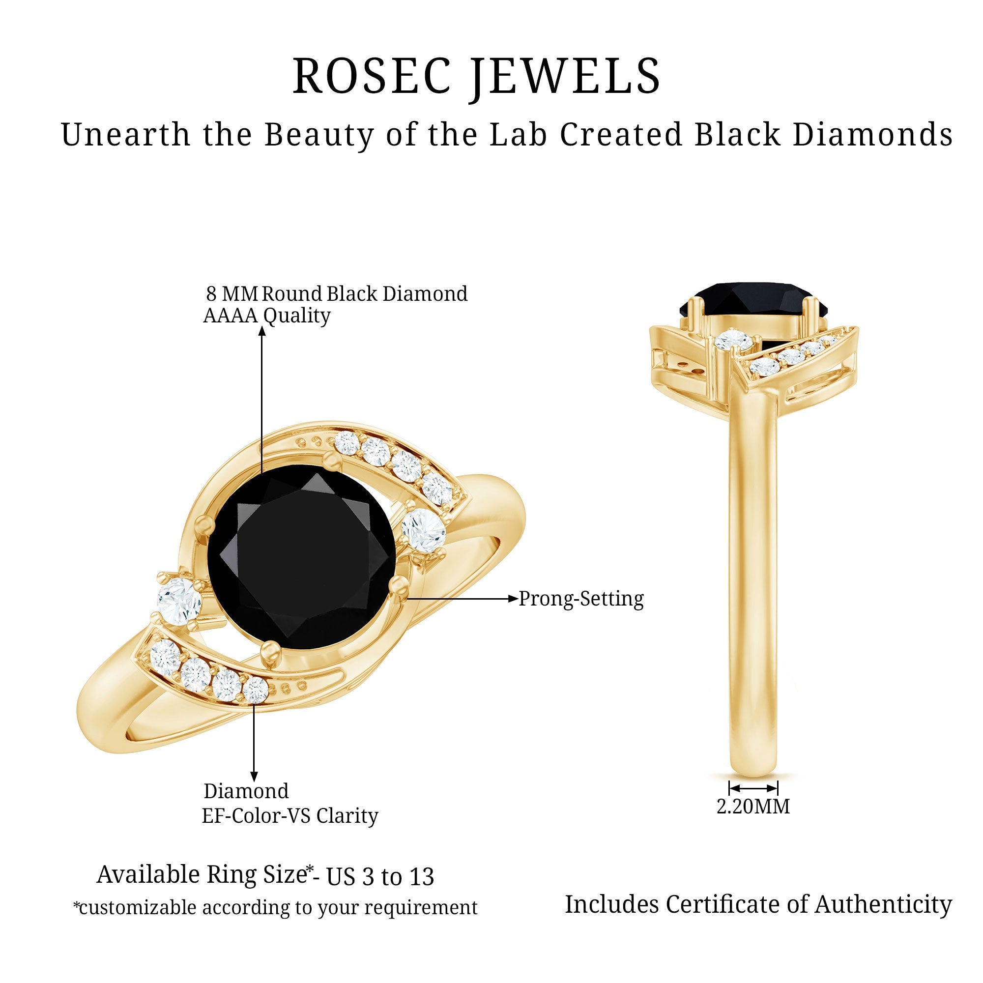 2 Carat Lab Grown Black and White Diamond Engagement Ring for Women
