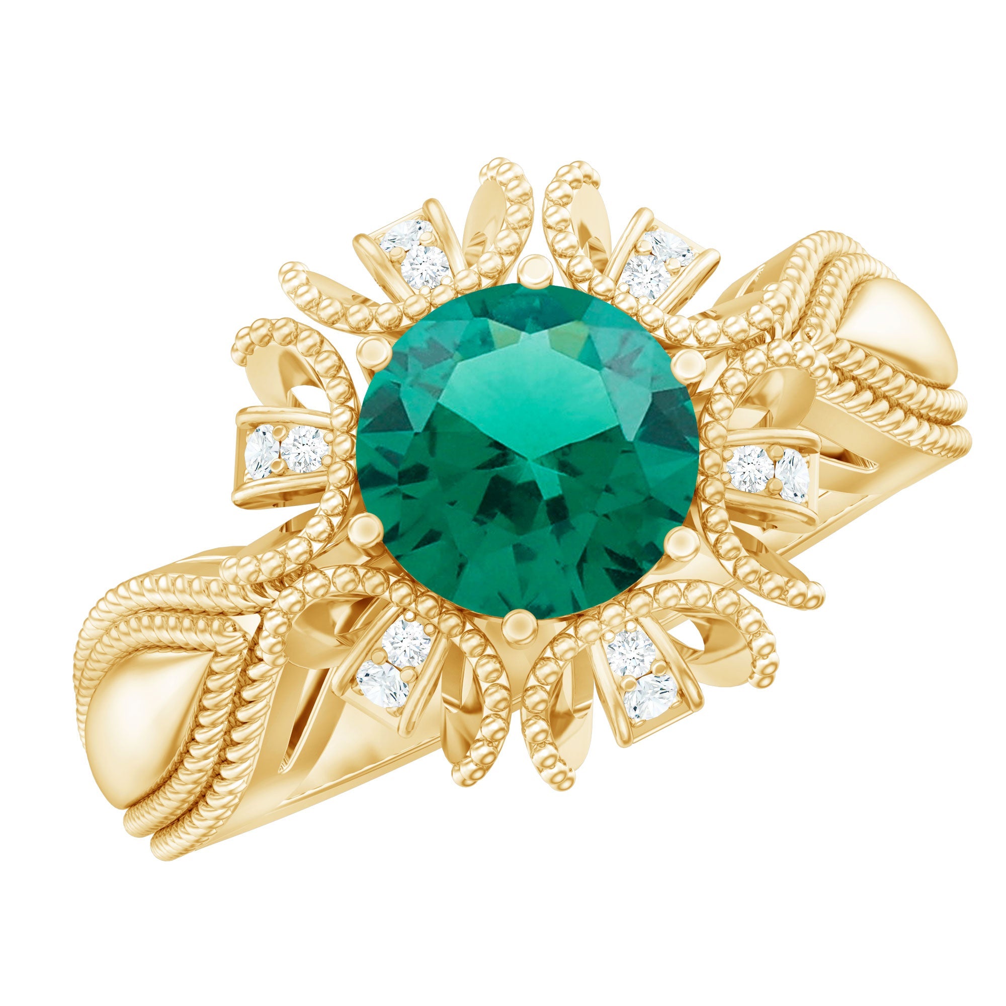 Lab Grown Emerald Ring – Vintage Flower Engagement Ring With Beaded Detailing