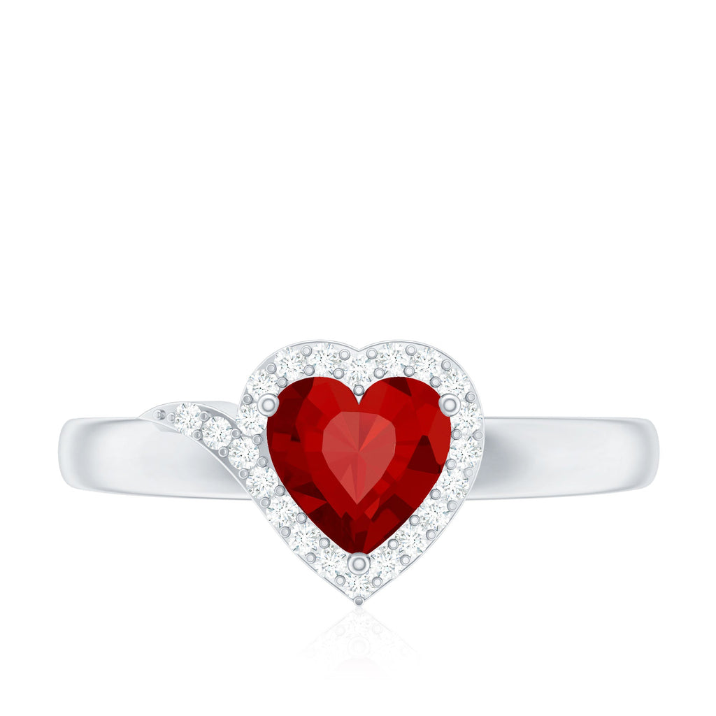 0.9 Carat Lab Grown Ruby Heart Engagement Ring with Diamond Halo