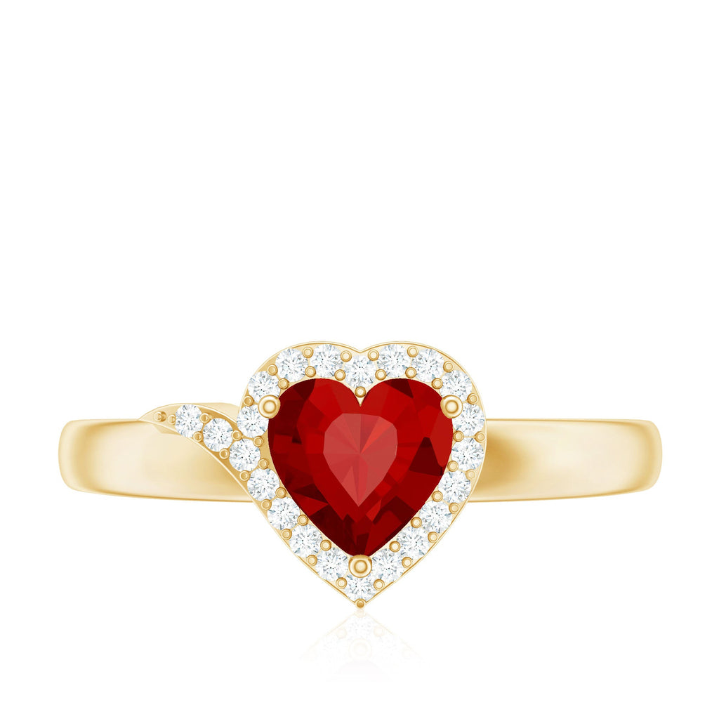 0.9 Carat Lab Grown Ruby Heart Engagement Ring with Diamond Halo