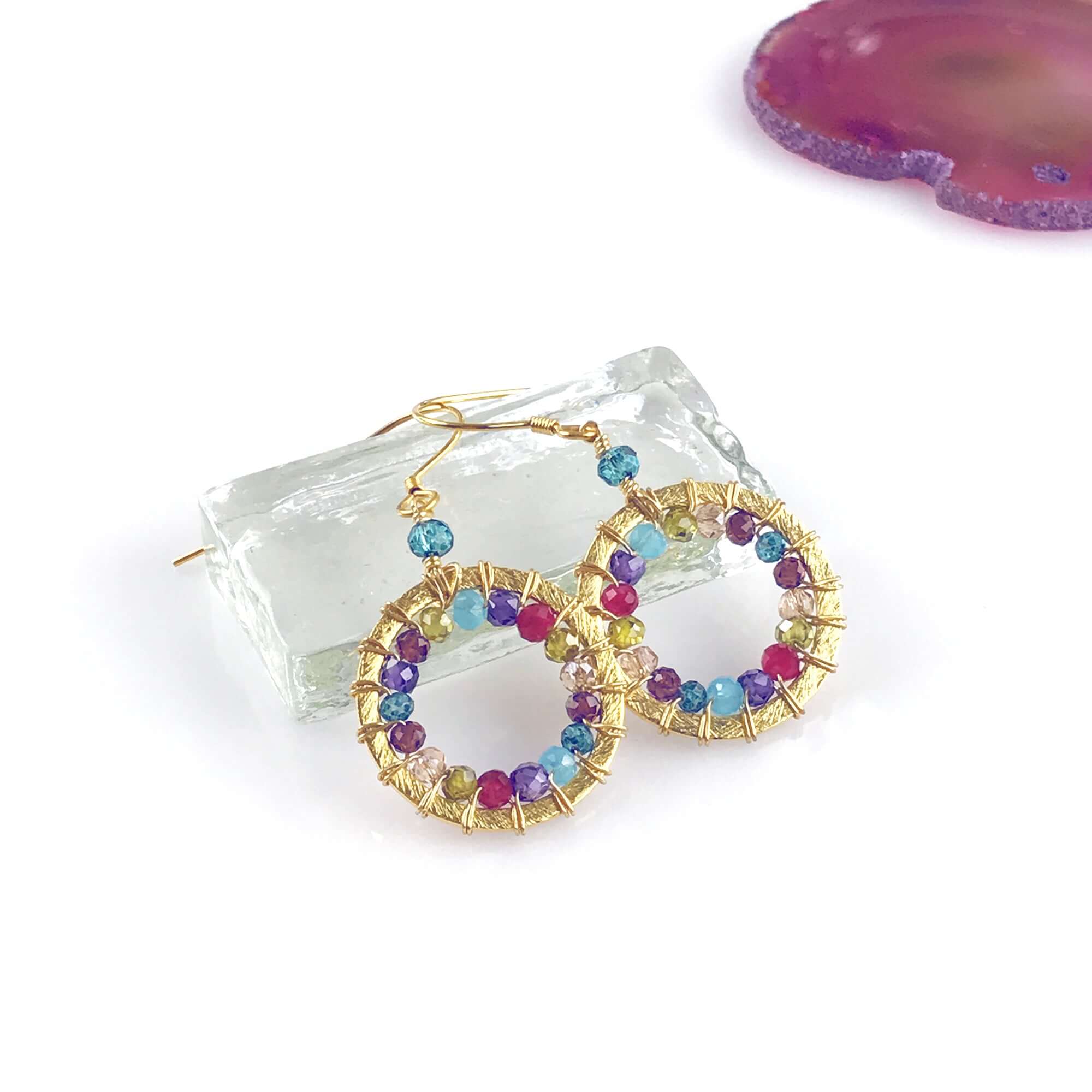 Labradorite Mini Earrings – Gold Plated Earrings | Halo Style Silver Hoops