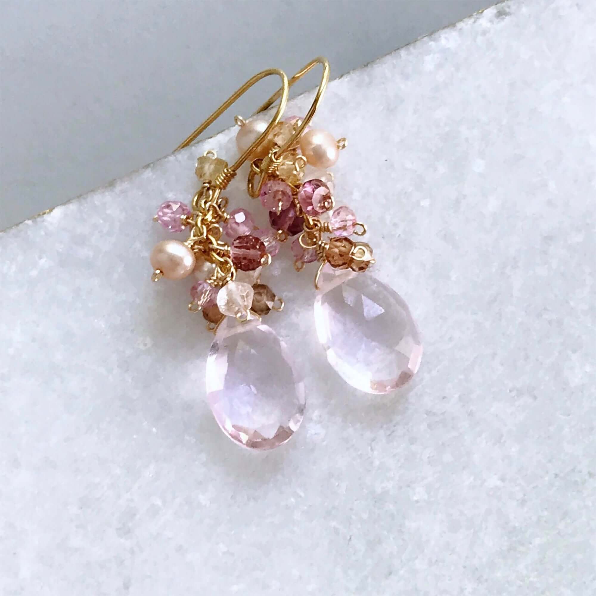 Peridot Quartz Earrings – Gold Drop Handmade Gemstone Earrings With Rainbow Gems
