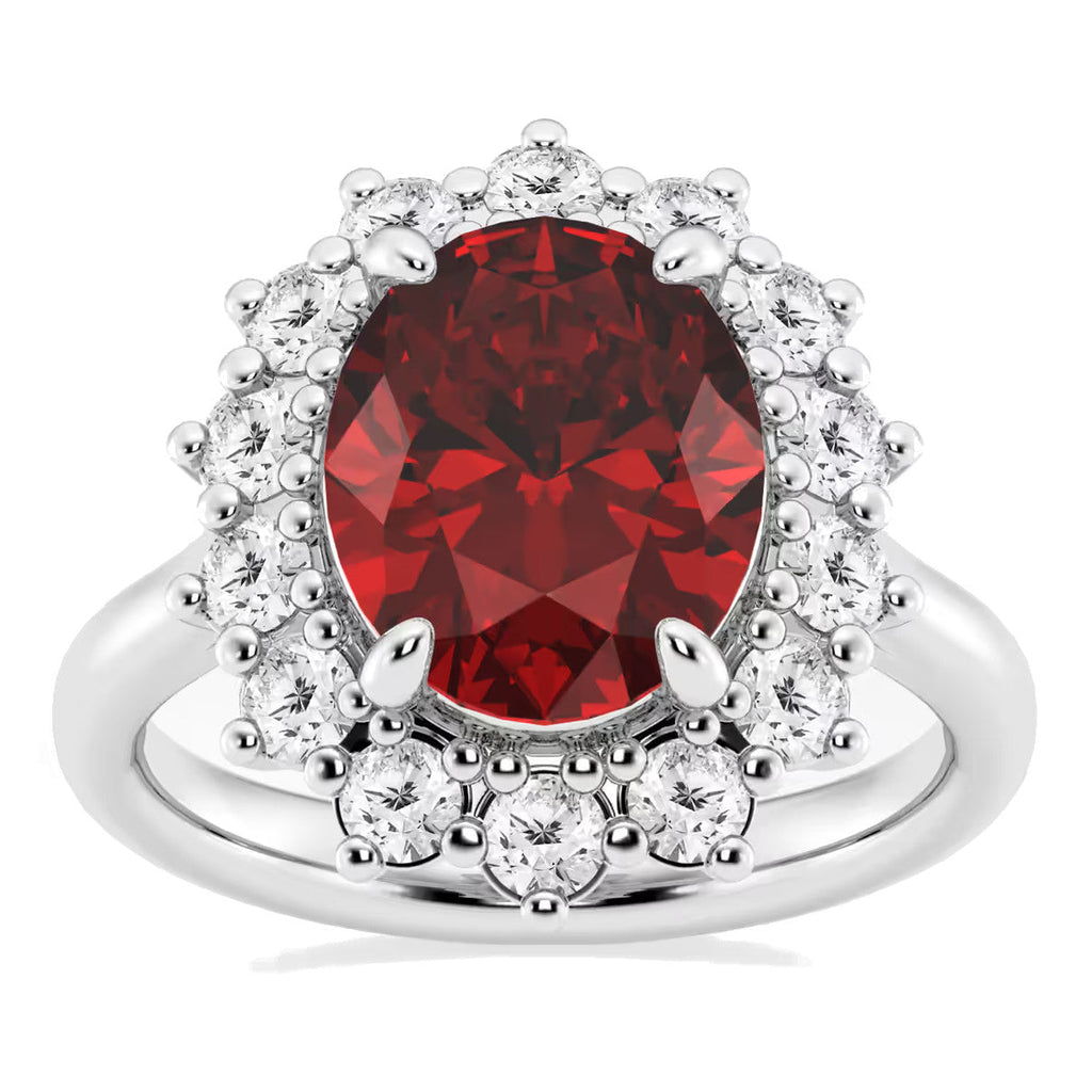 Oval Lab Ruby Ring – Halo Engagement Ring in 14K Gold | Princess Diana Style