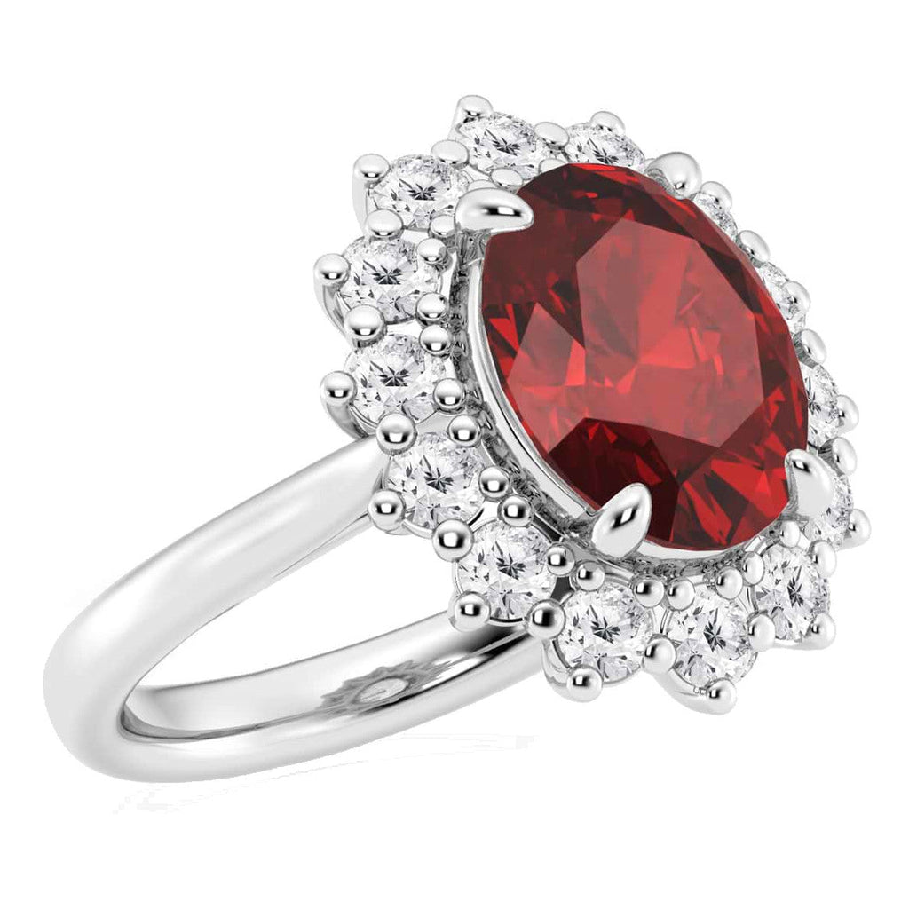 Oval Lab Ruby Ring – Halo Engagement Ring in 14K Gold | Princess Diana Style