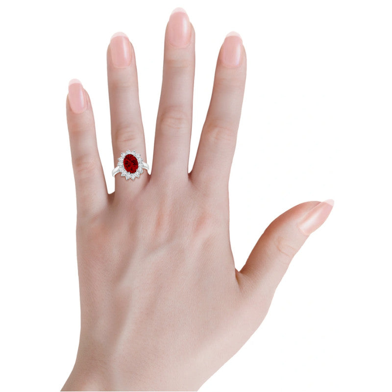 Oval Lab Ruby Ring – Halo Engagement Ring in 14K Gold | Princess Diana Style