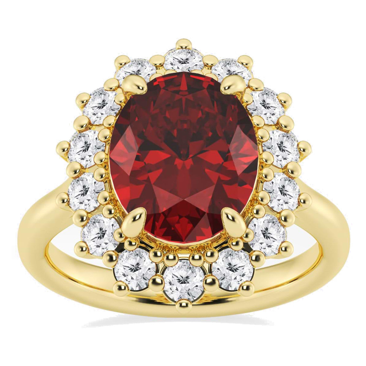Oval Lab Ruby Ring – Halo Engagement Ring in 14K Gold | Princess Diana Style