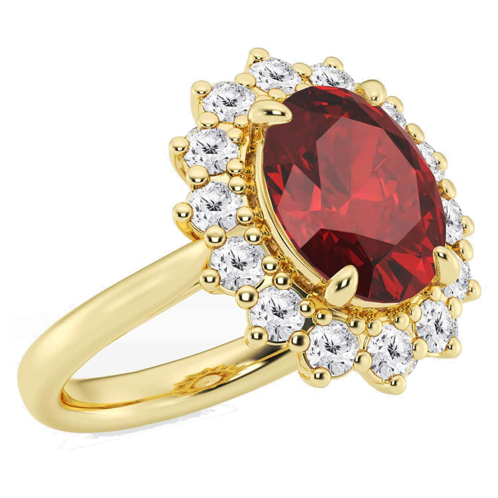 Oval Lab Ruby Ring – Halo Engagement Ring in 14K Gold | Princess Diana Style