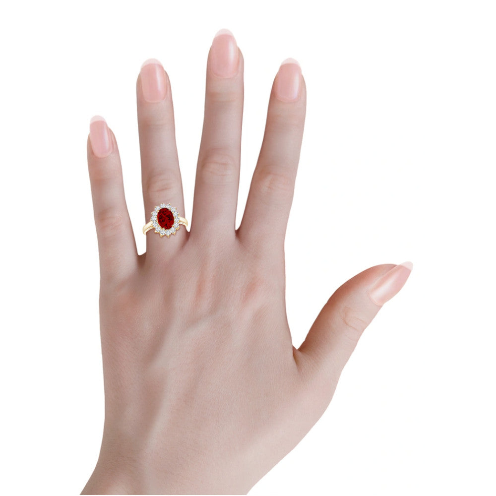 Oval Lab Ruby Ring – Halo Engagement Ring in 14K Gold | Princess Diana Style