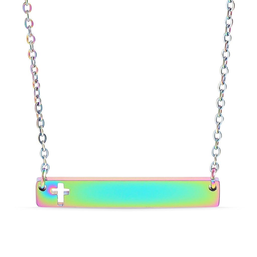 Chain necklace with bar pendant  with Christian cross cut out engraving