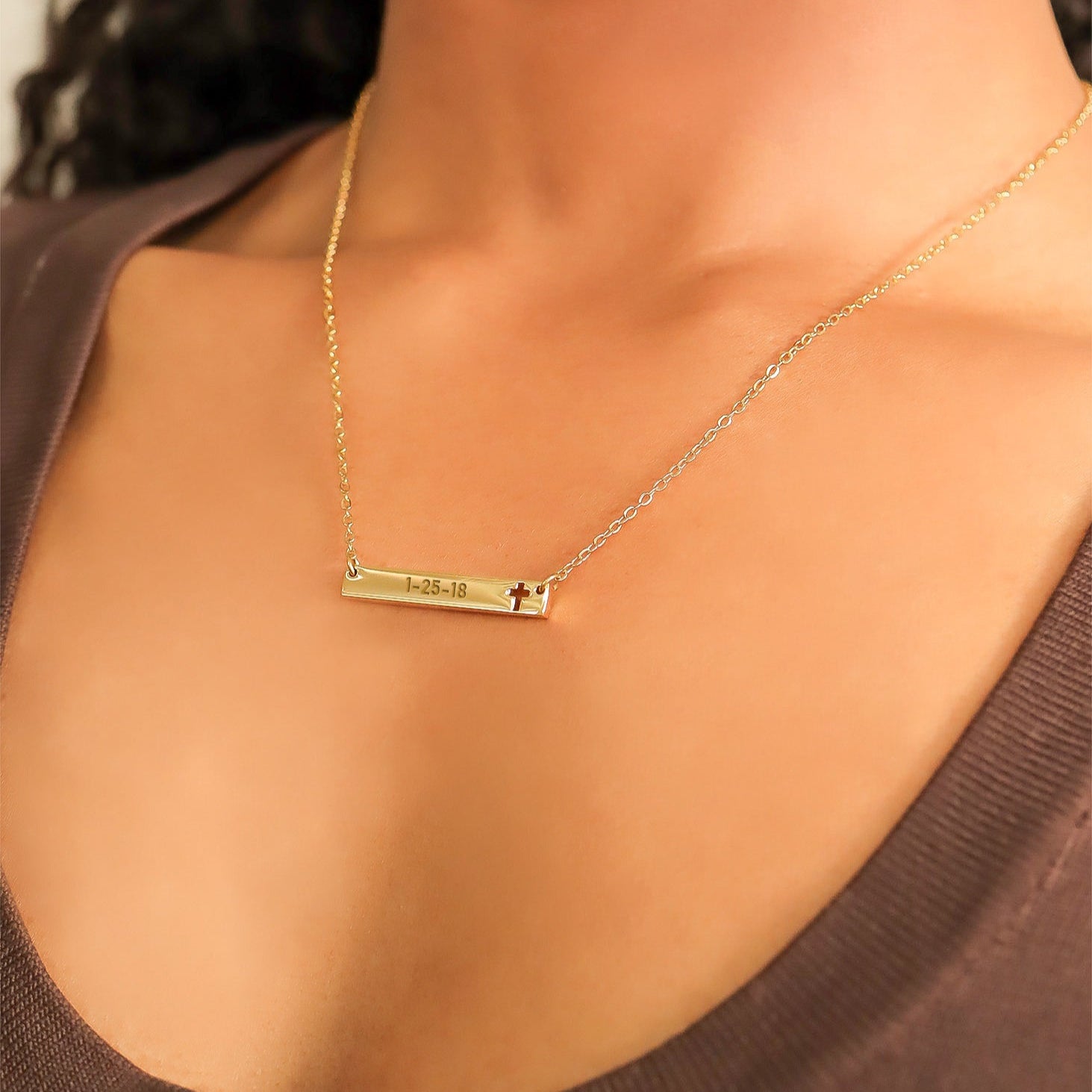 18K Gold PVD Stainless Steel Cutout Cross Blank Bar Necklace engraved