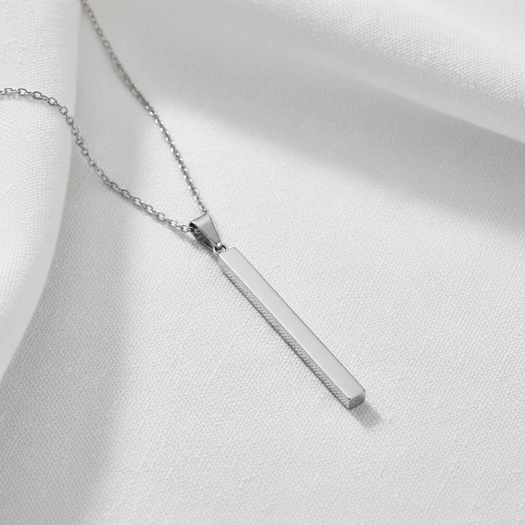 Stainless Steel Necklace – Square 4 Sided Vertical Bar Pendant | Polished 316L Surgical Steel Chain